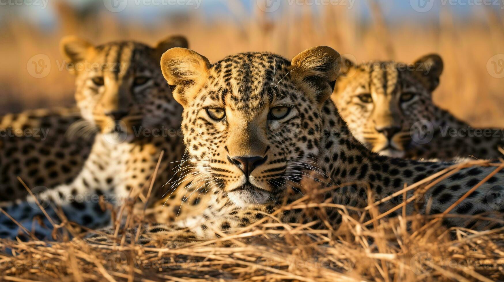 Photo of a herd of African Leopard resting in an open area on the Savanna. Generative AI