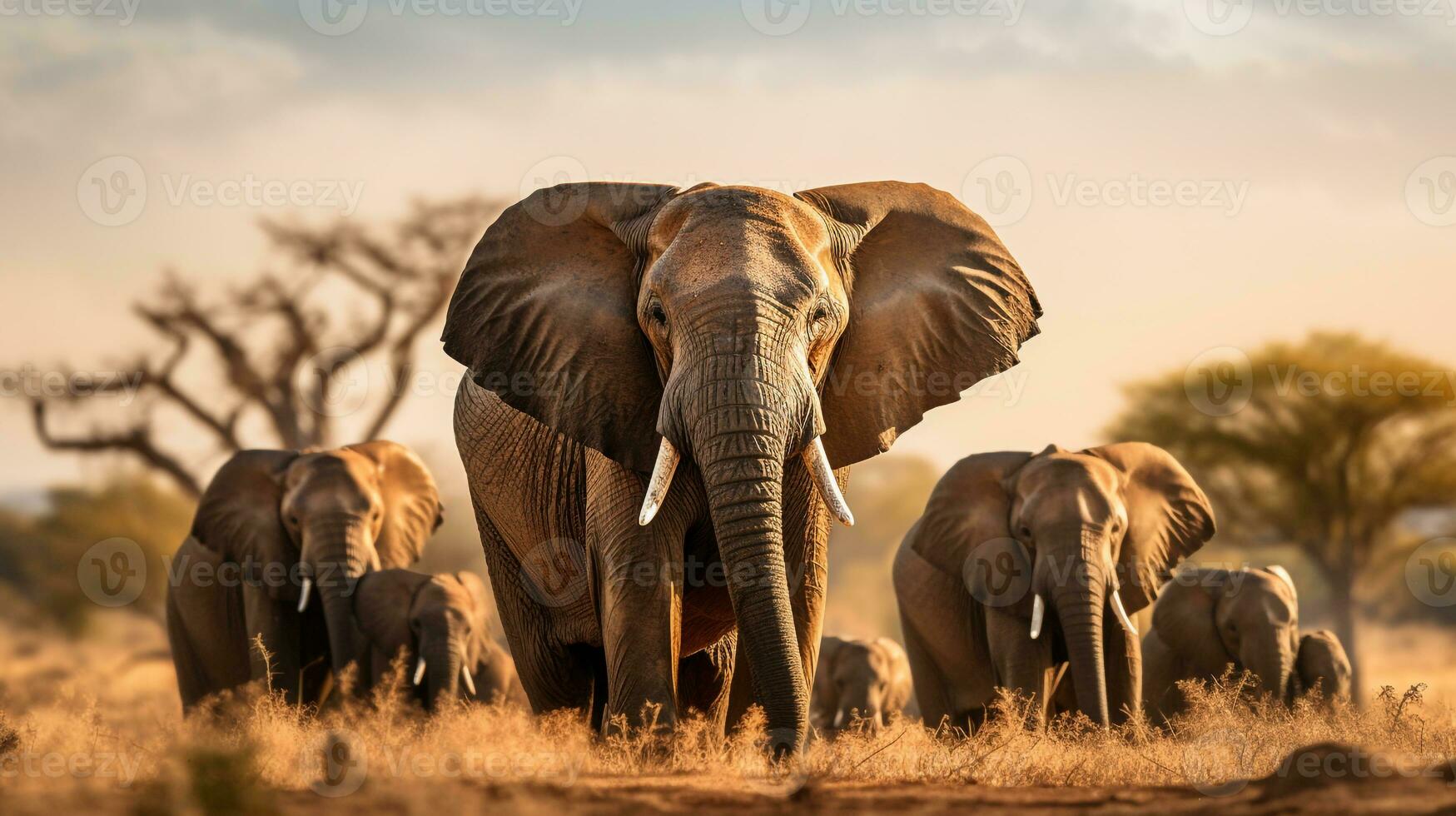 Photo of a herd of African Elephant resting in an open area on the Savanna. Generative AI