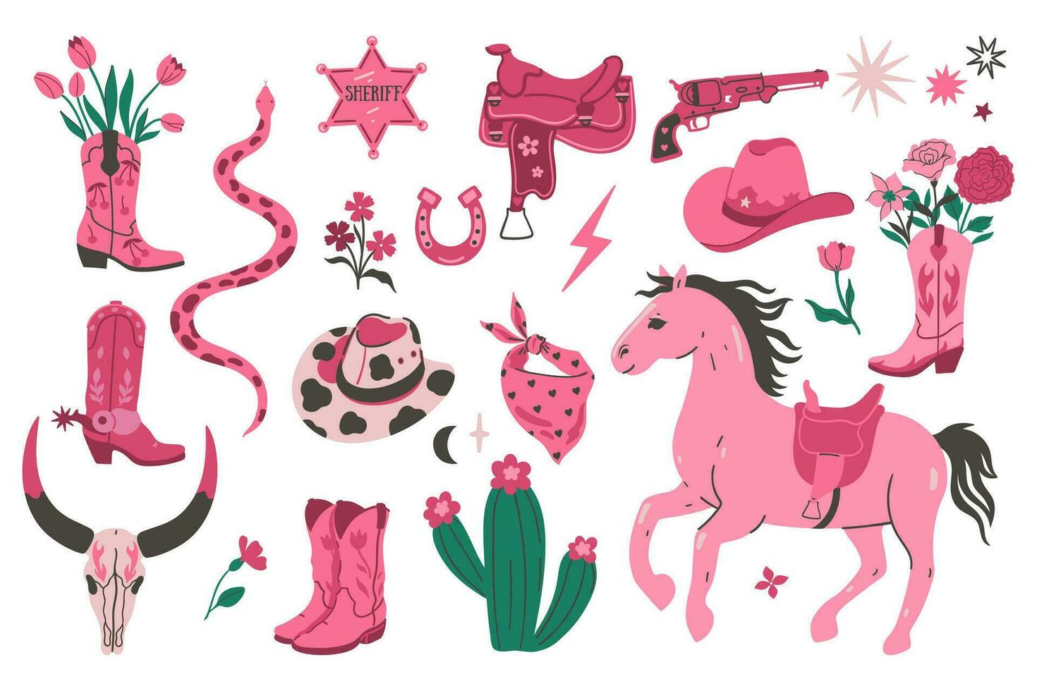 Trendy pink set of items in cowgirl style. Vector graphics.