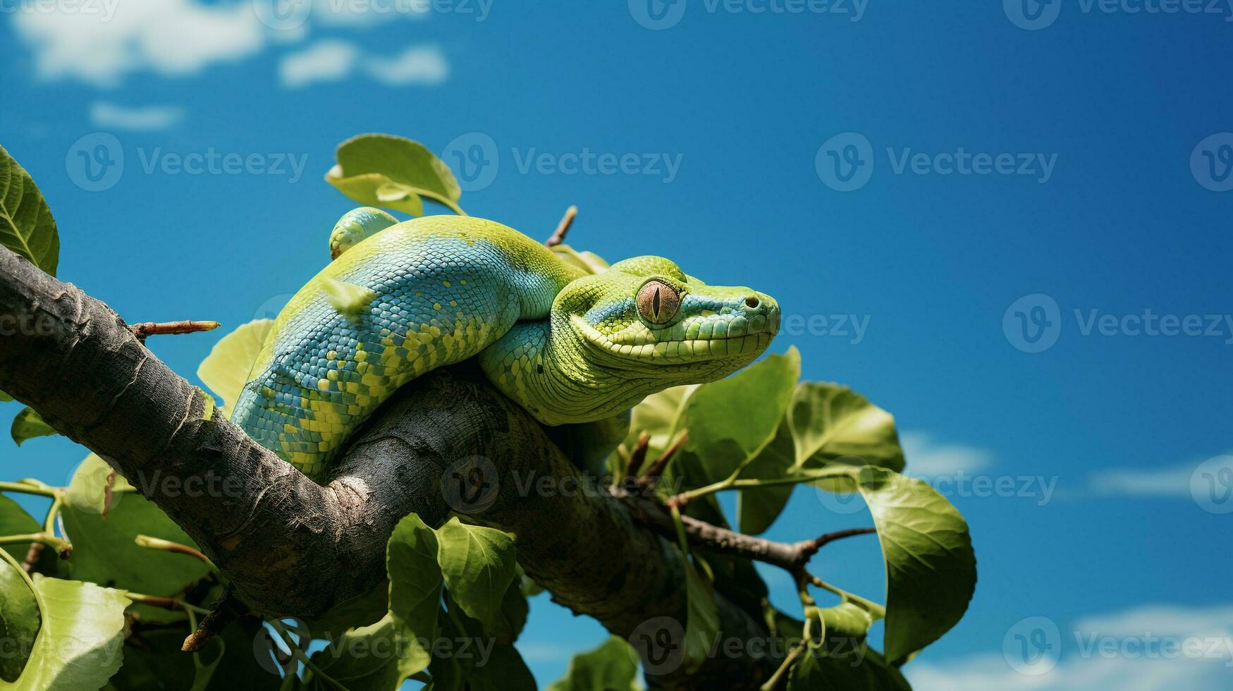 Photo of a Green Tree Python under Blue Sky. Generative AI