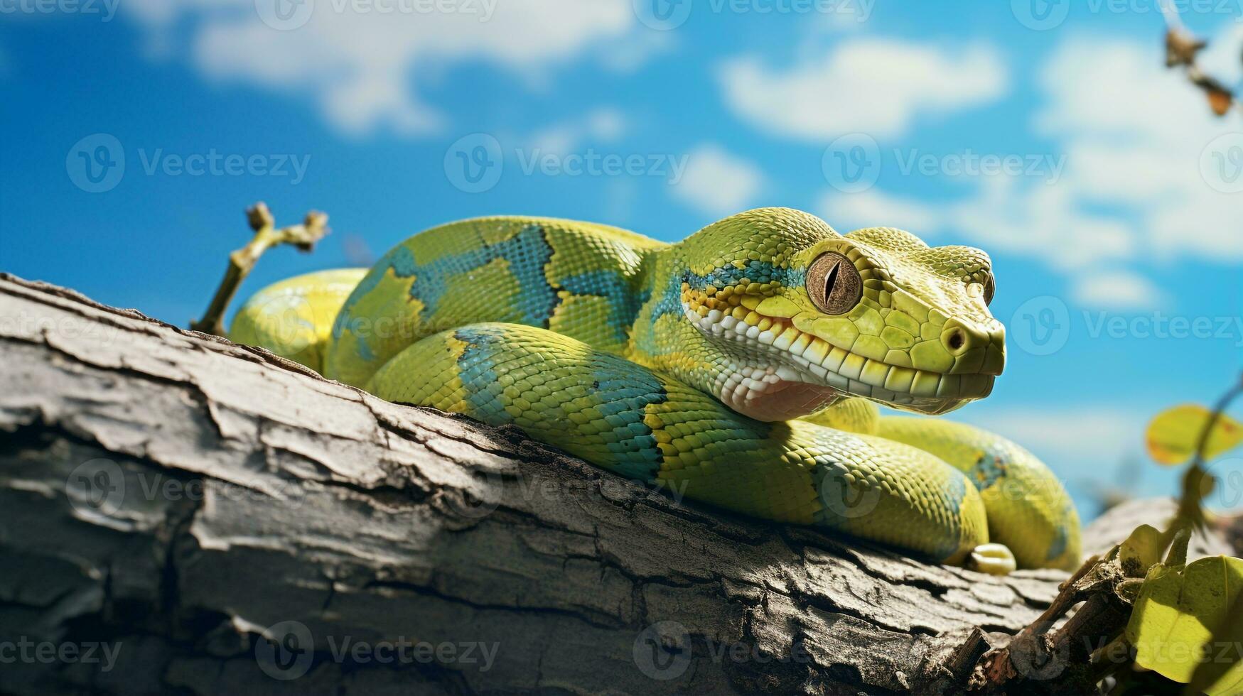 Photo of a Green Tree Python under Blue Sky. Generative AI