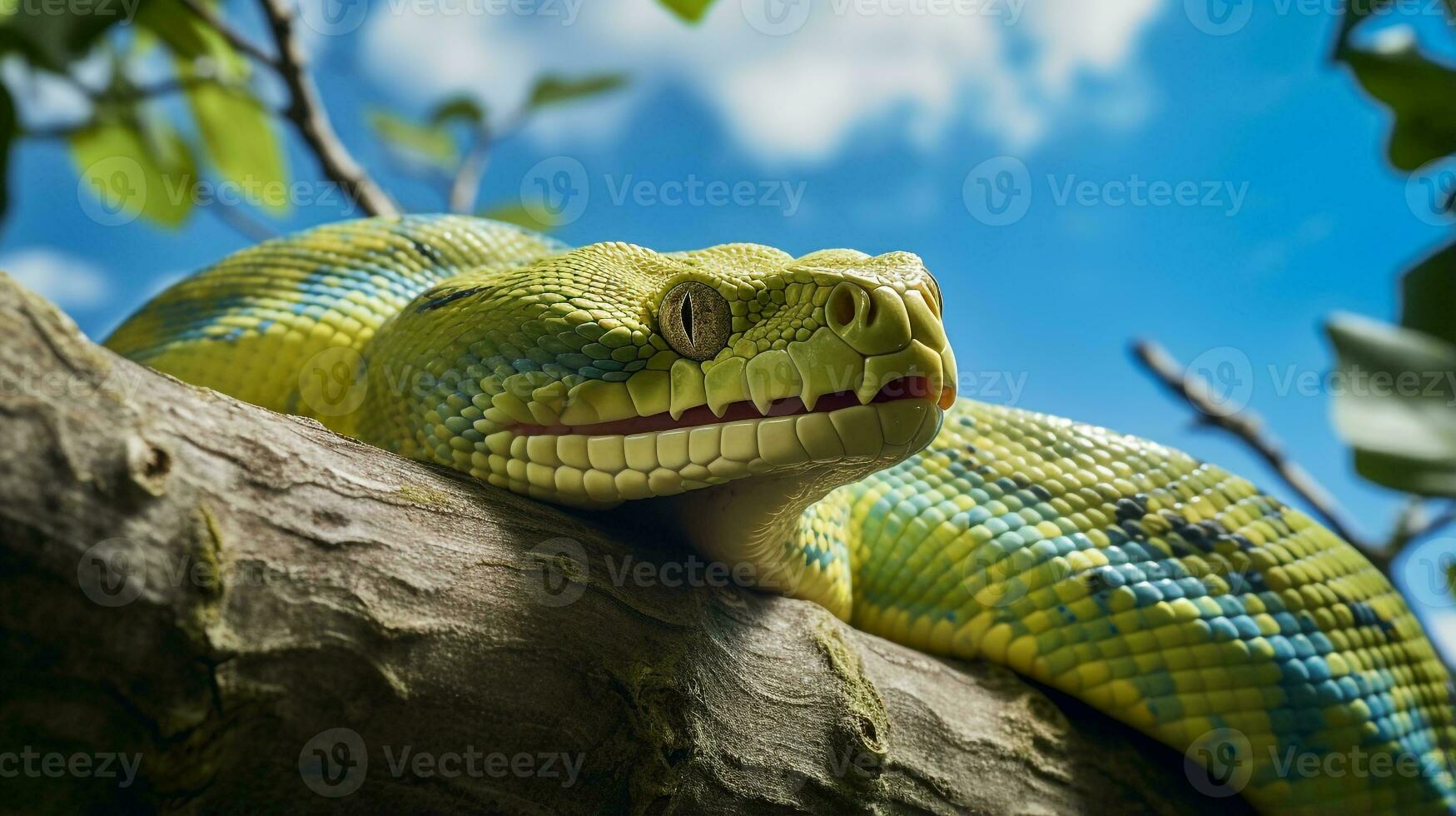 Photo of a Green Tree Python under Blue Sky. Generative AI