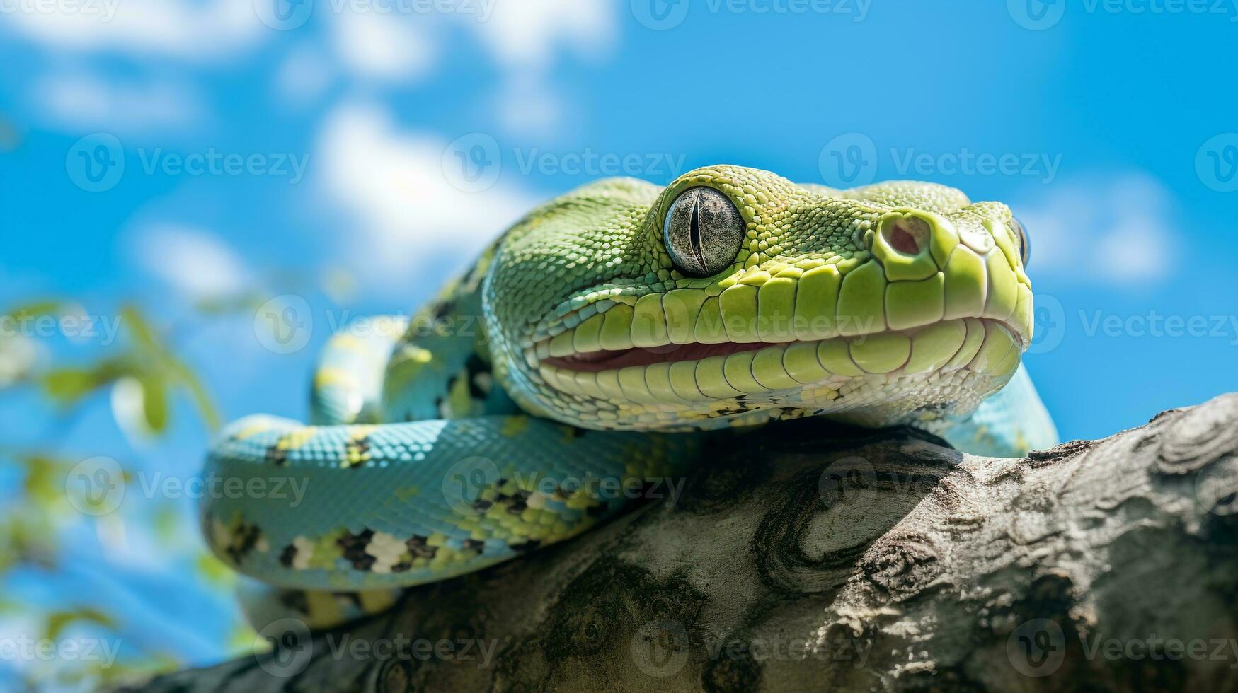 Photo of a Green Tree Python under Blue Sky. Generative AI