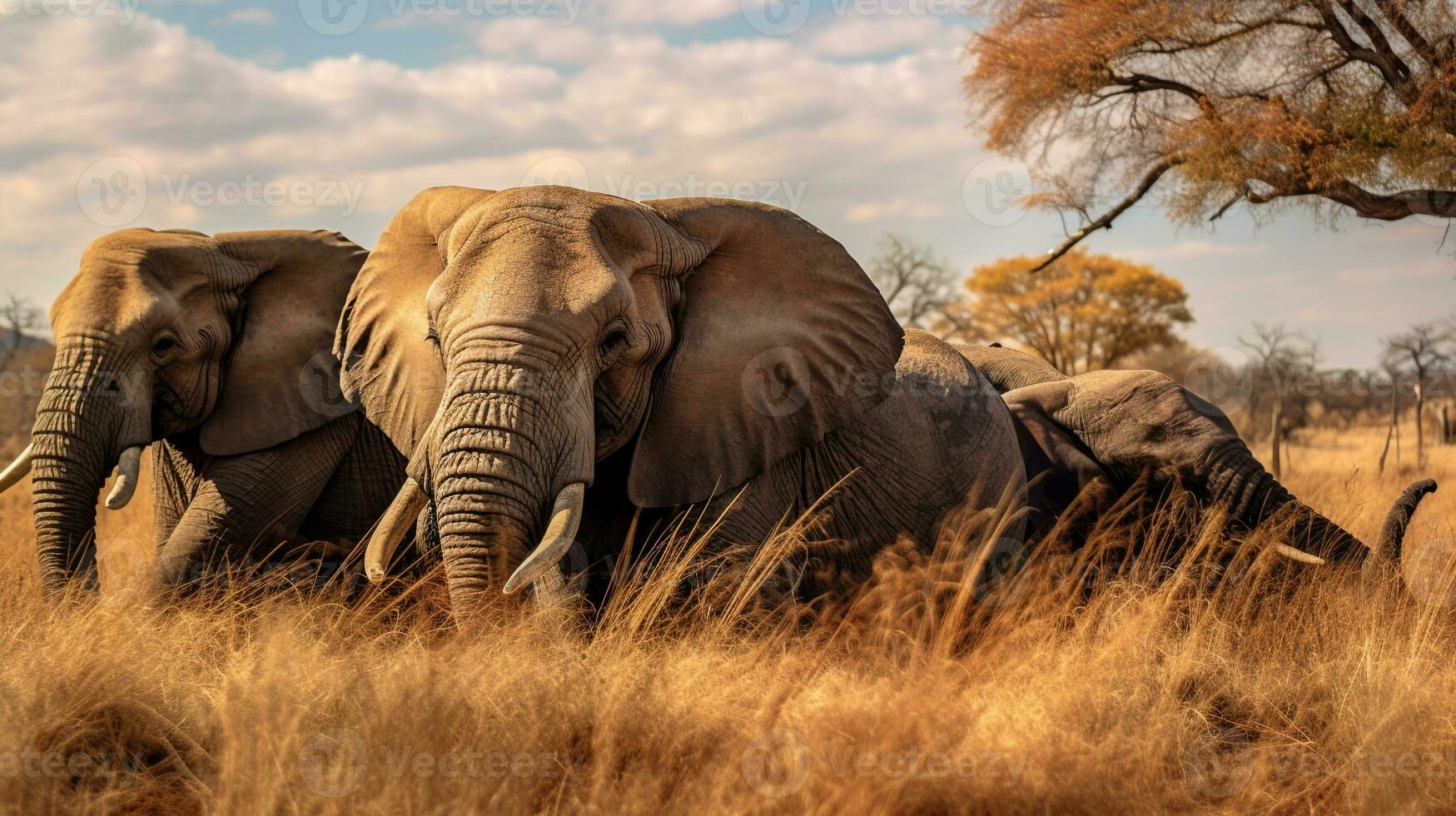 Photo of a herd of African Elephant resting in an open area on the Savanna. Generative AI