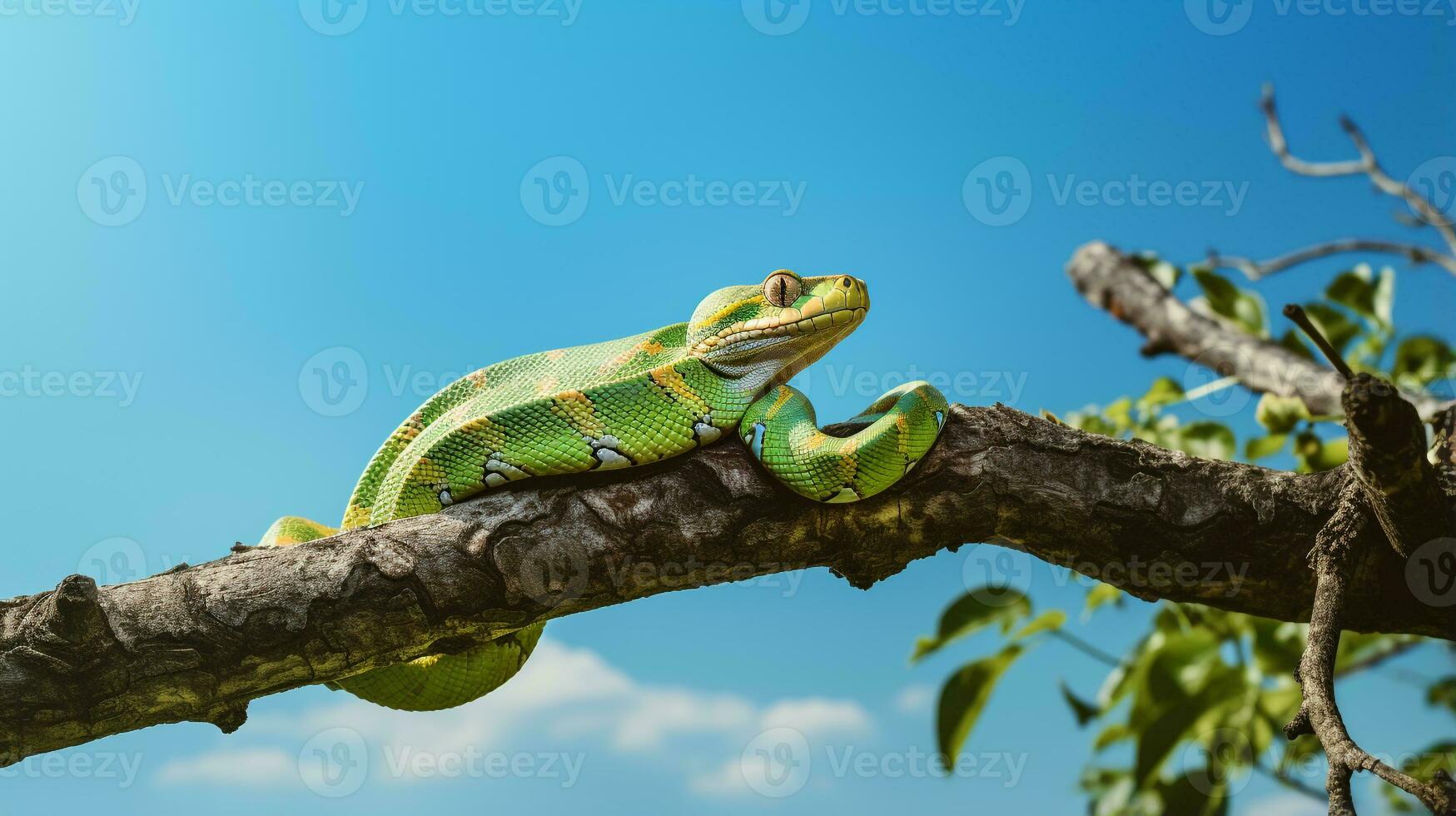 Photo of a Green Tree Python under Blue Sky. Generative AI
