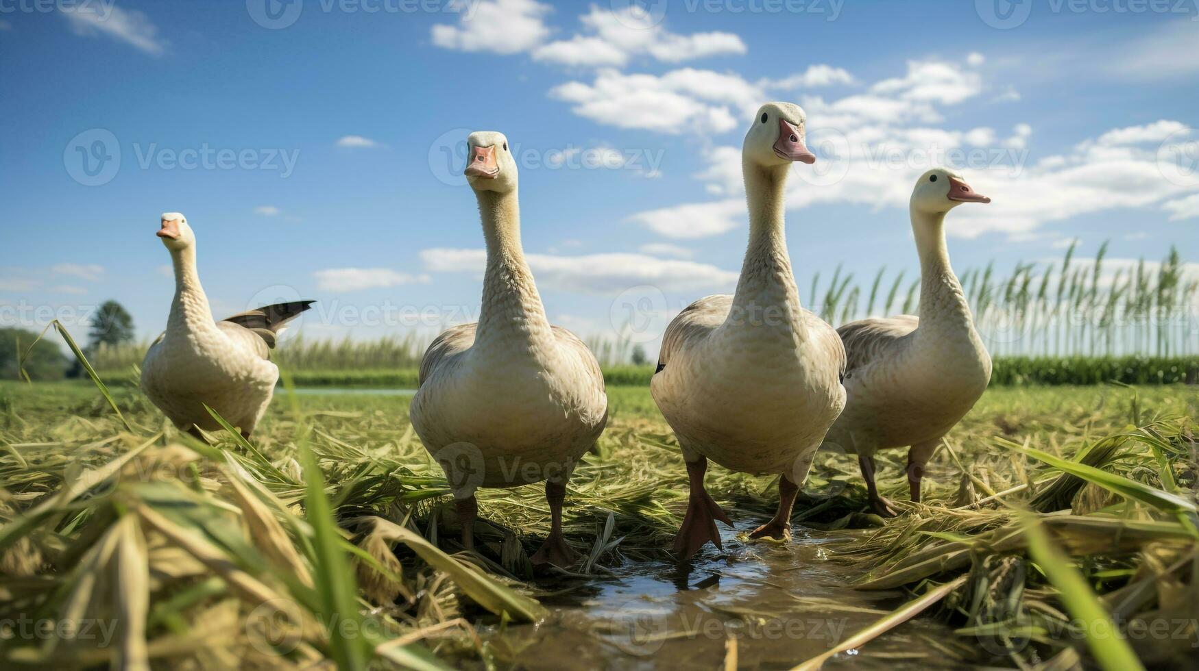 Photo of a Geese in the Farmland. Generative AI