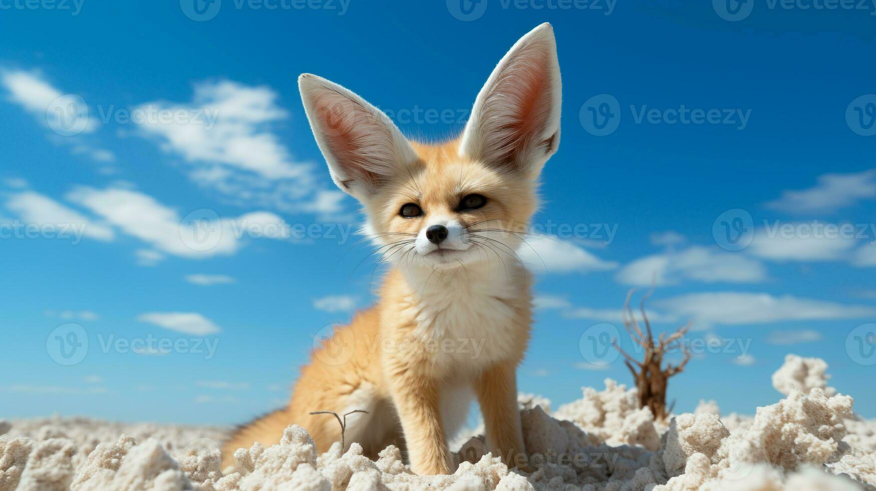 Photo of a Fennec Fox in a Desert with blue sky. Generative AI