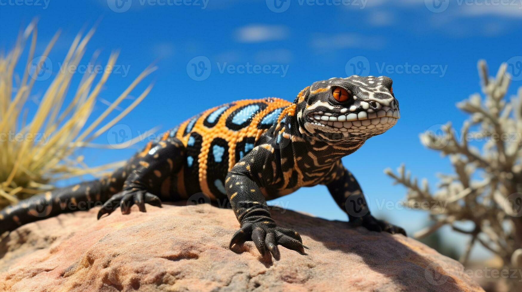 Photo of a Gila Monster under Blue Sky. Generative AI