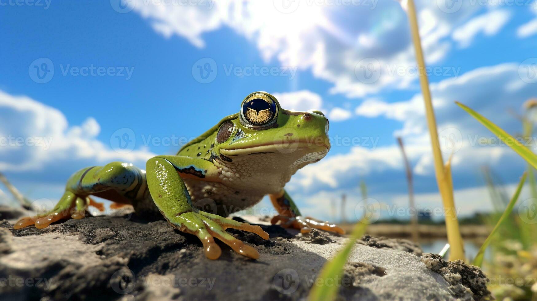 Photo of a Frog under Blue Sky. Generative AI