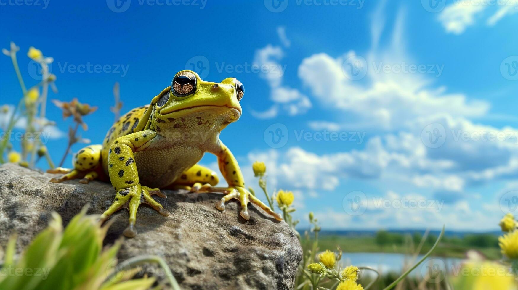 foto de un rana debajo azul cielo. generativo ai