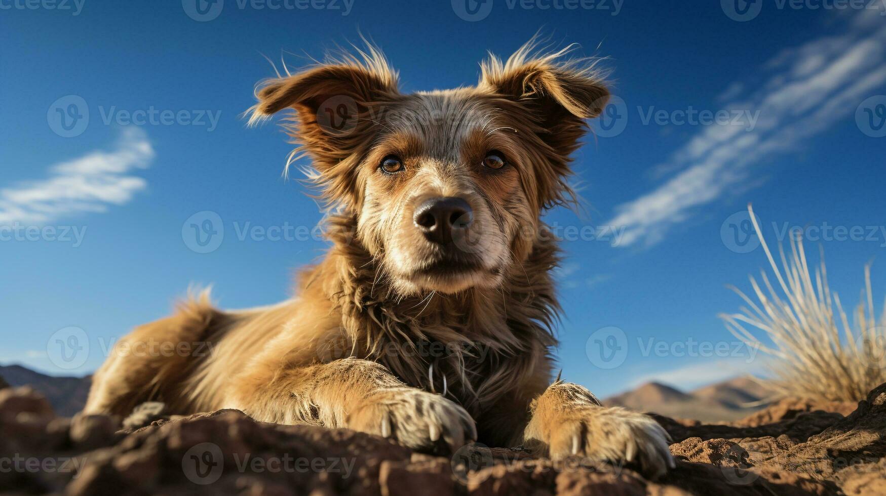 foto de un perro debajo azul cielo. generativo ai