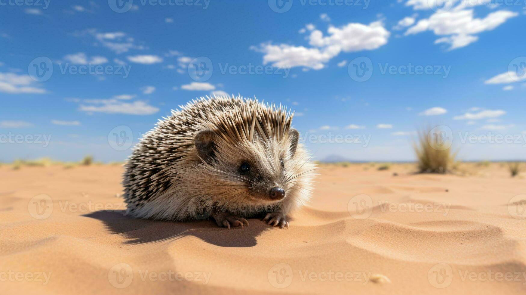 Photo of a Desert Hedgehog in a Desert with blue sky. Generative AI