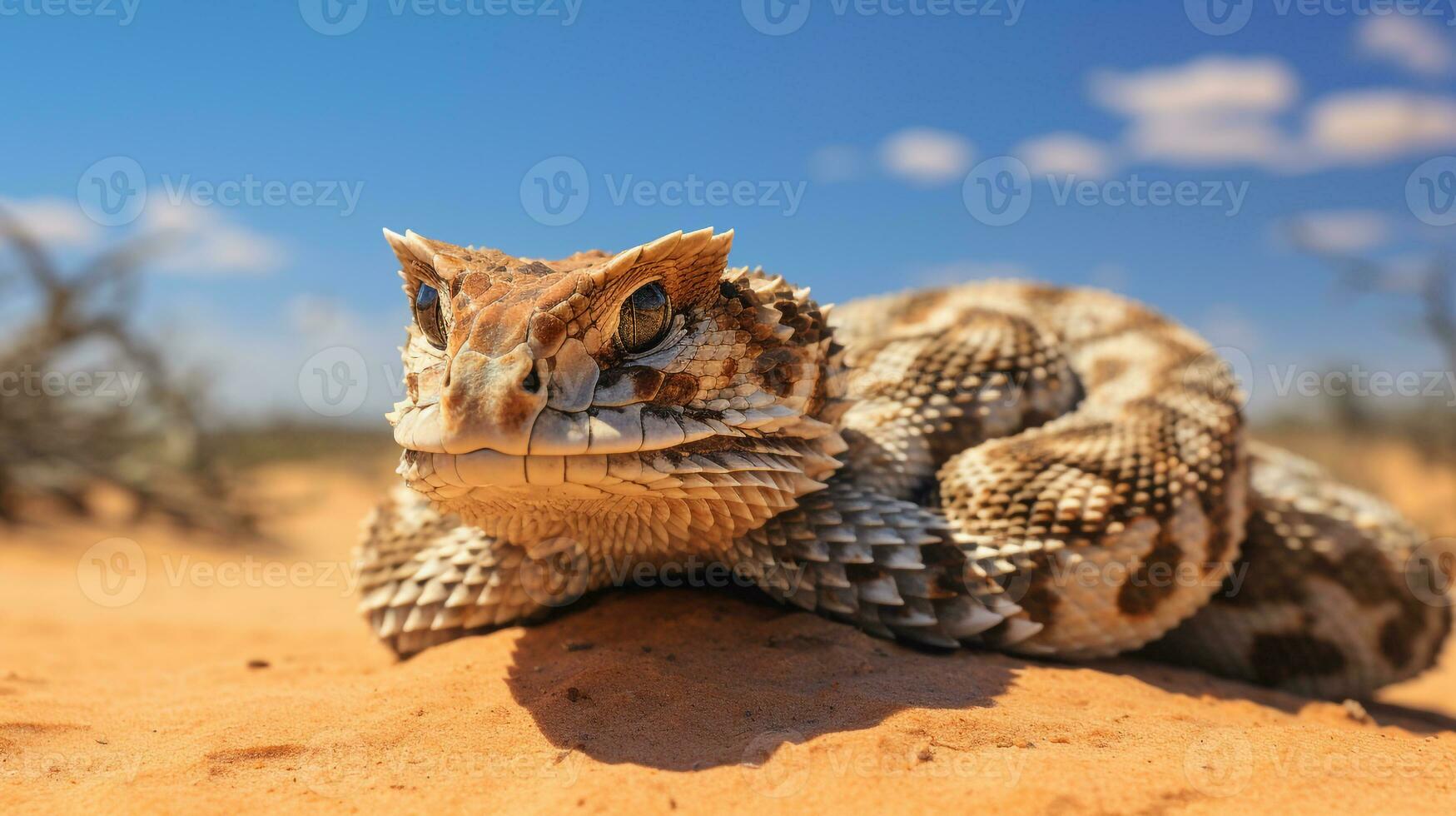 Photo of a Desert Horned Viper in a Desert with blue sky. Generative AI
