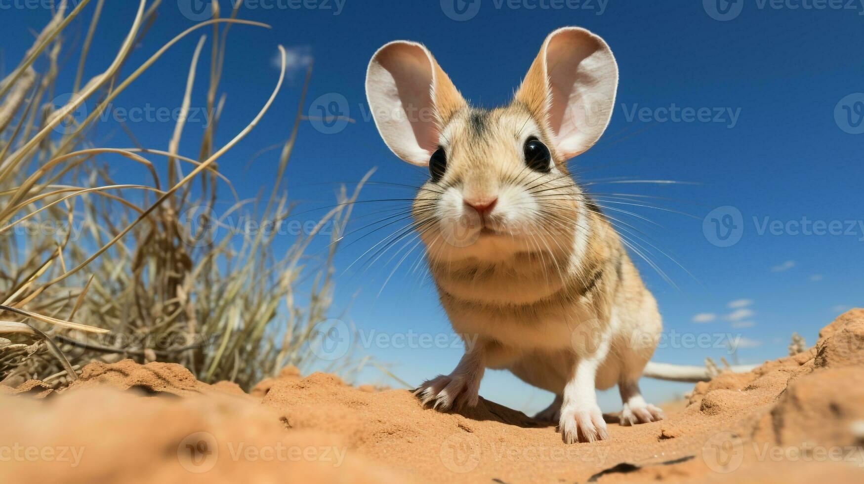 Photo of a Desert Jerboa in a Desert with blue sky. Generative AI