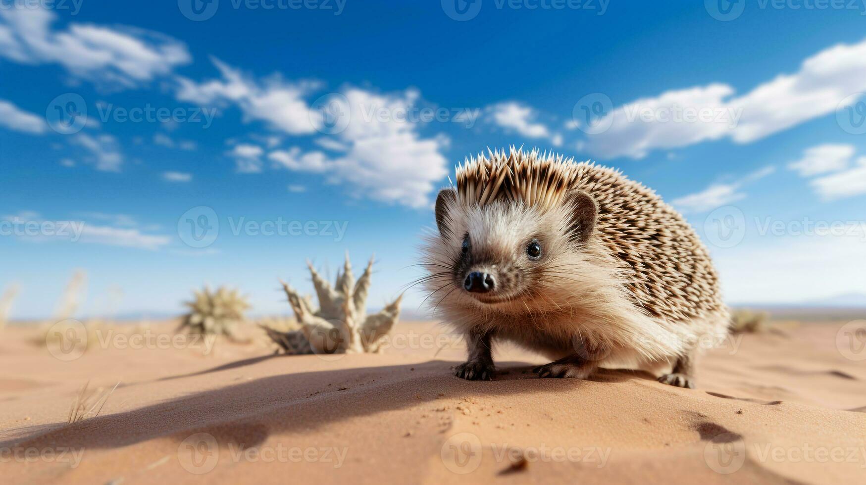 Photo of a Desert Hedgehog in a Desert with blue sky. Generative AI