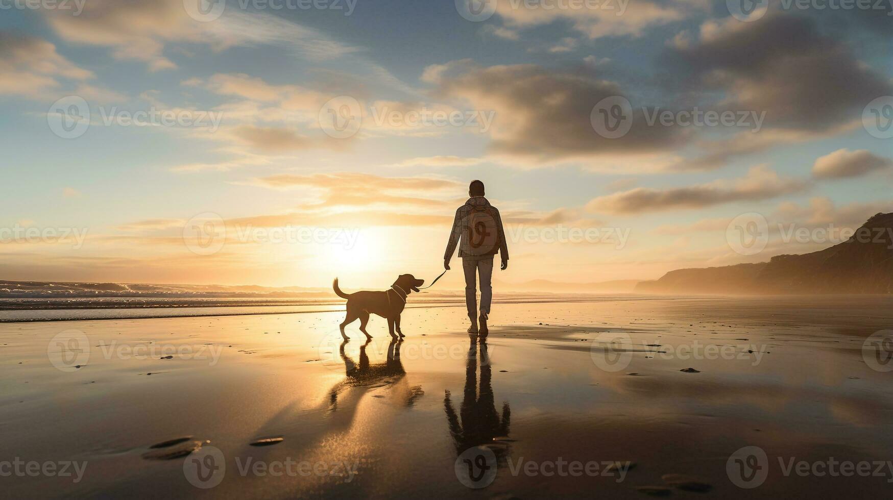 Photo of a boy walking with his pet dog on the beach in the morning. Generative AI