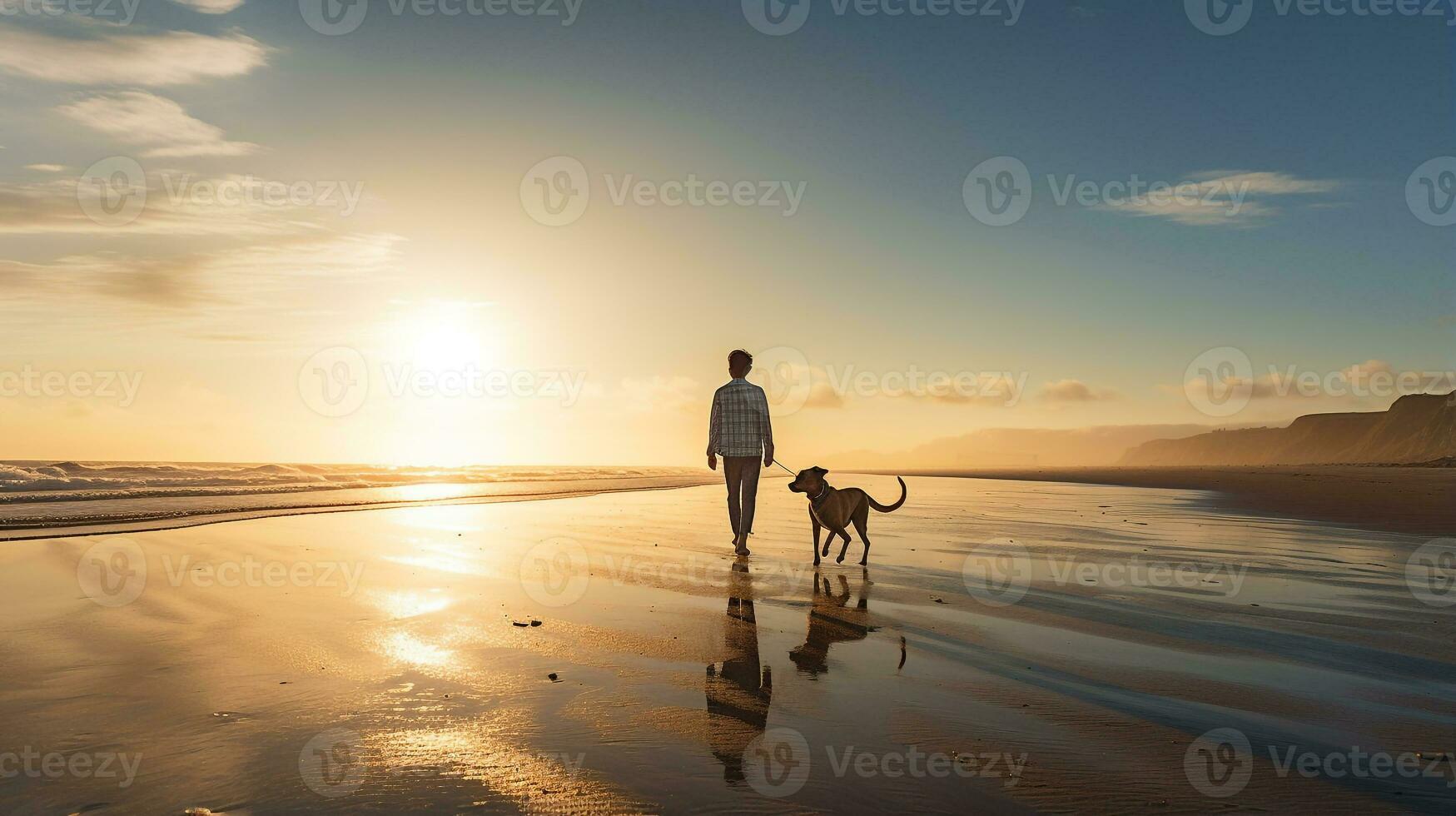 Photo of a boy walking with his pet dog on the beach in the morning. Generative AI