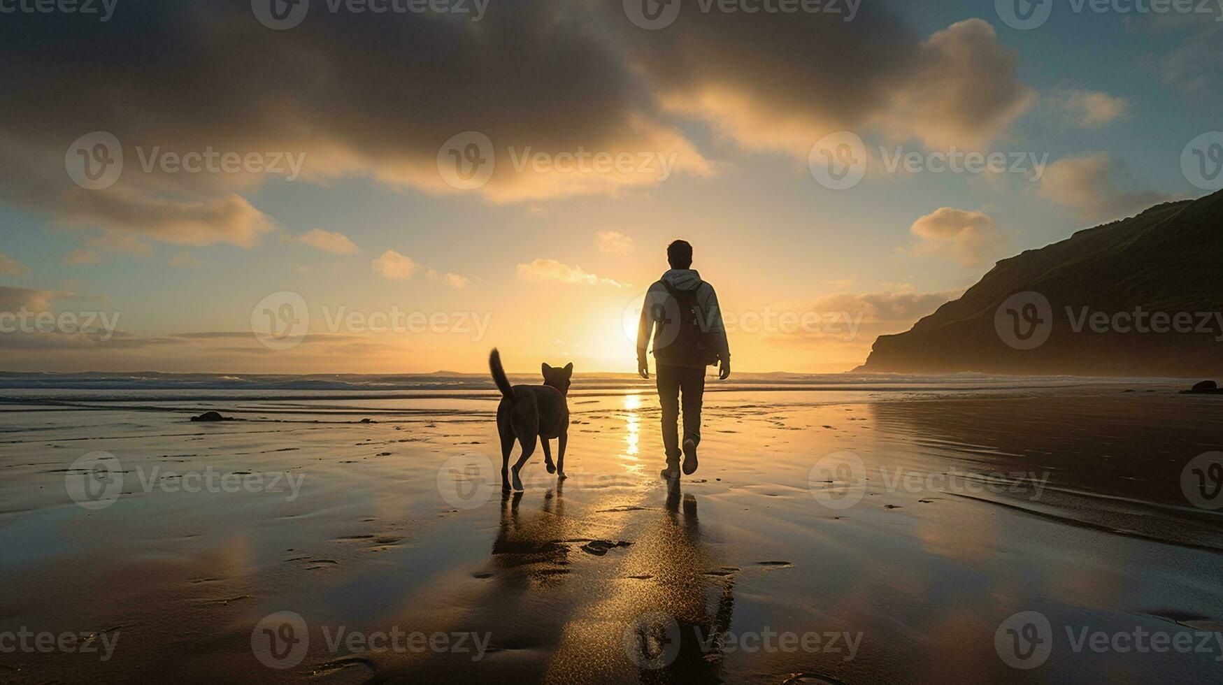 Photo of a boy walking with his pet dog on the beach in the morning. Generative AI