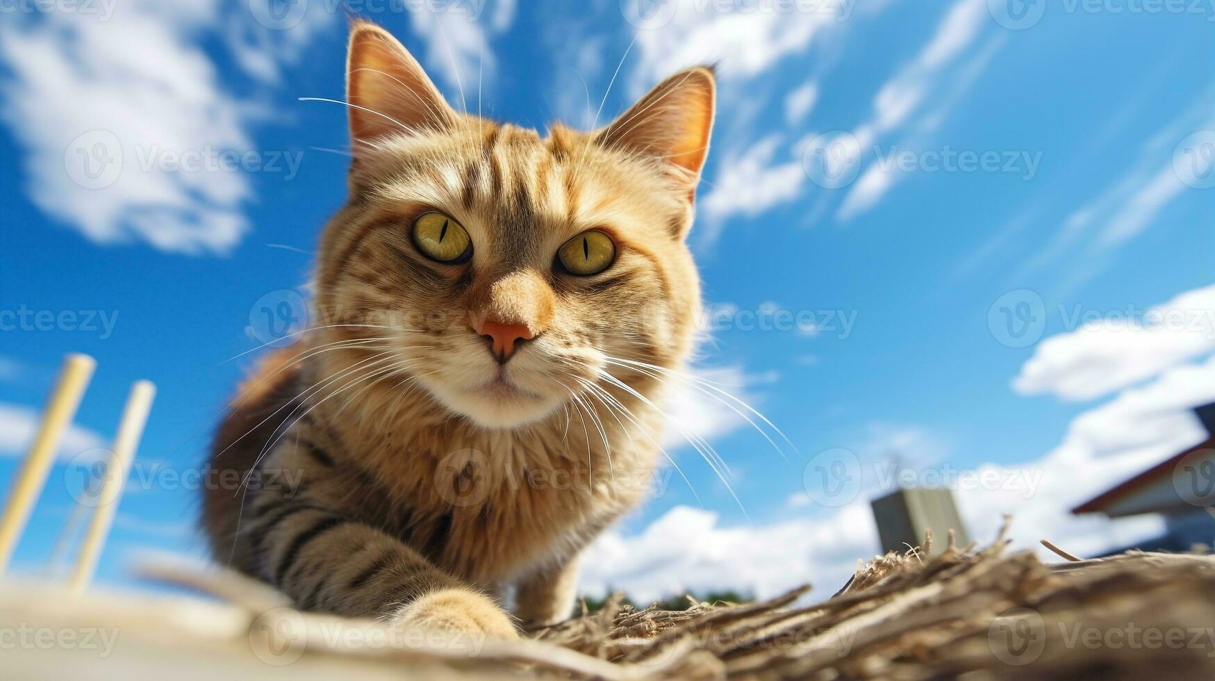 foto de un gato debajo azul cielo. generativo ai