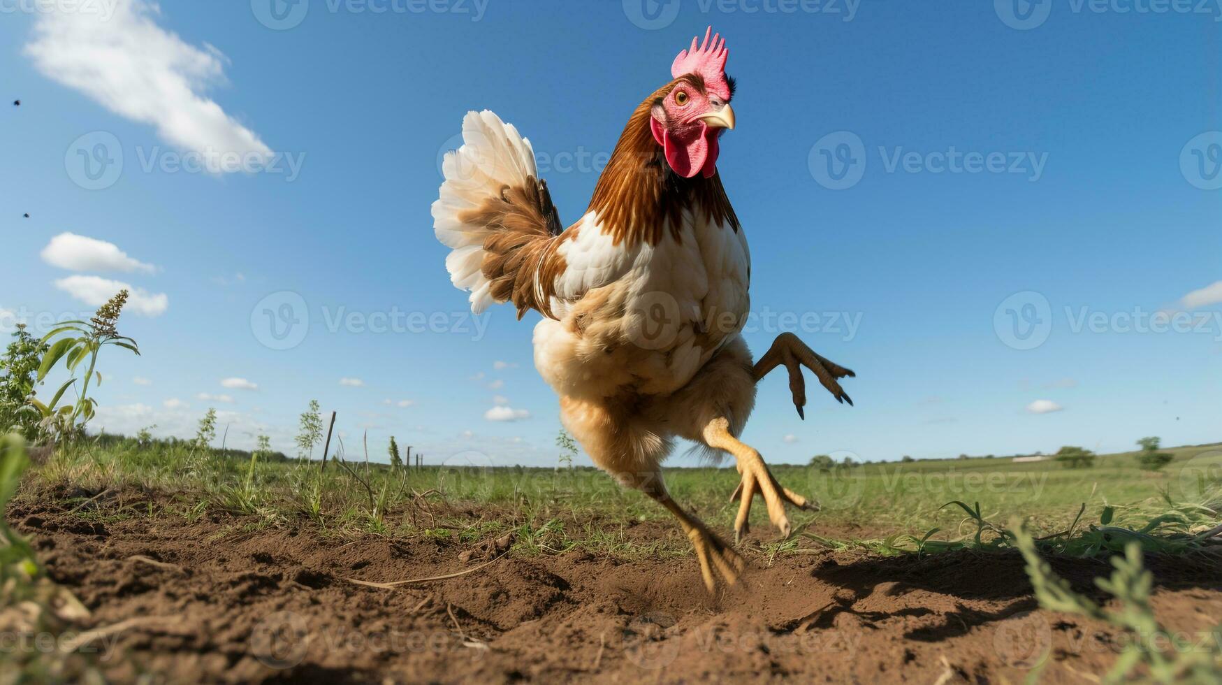 Photo of a Bantam Chicken in the Farmland. Generative AI