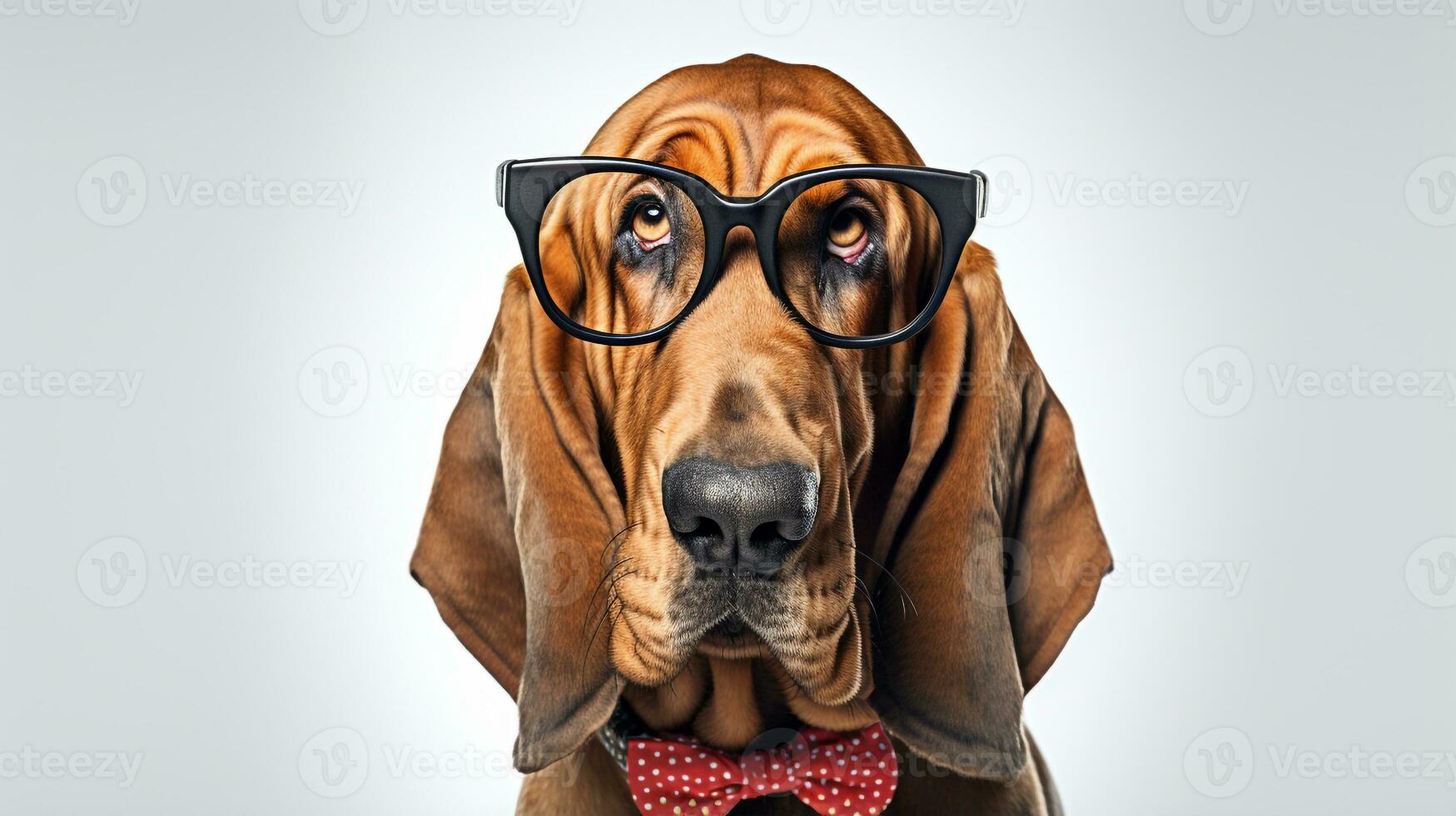 Photo of a Bloodhound dog using eyeglasses isolated on white background. Generative AI