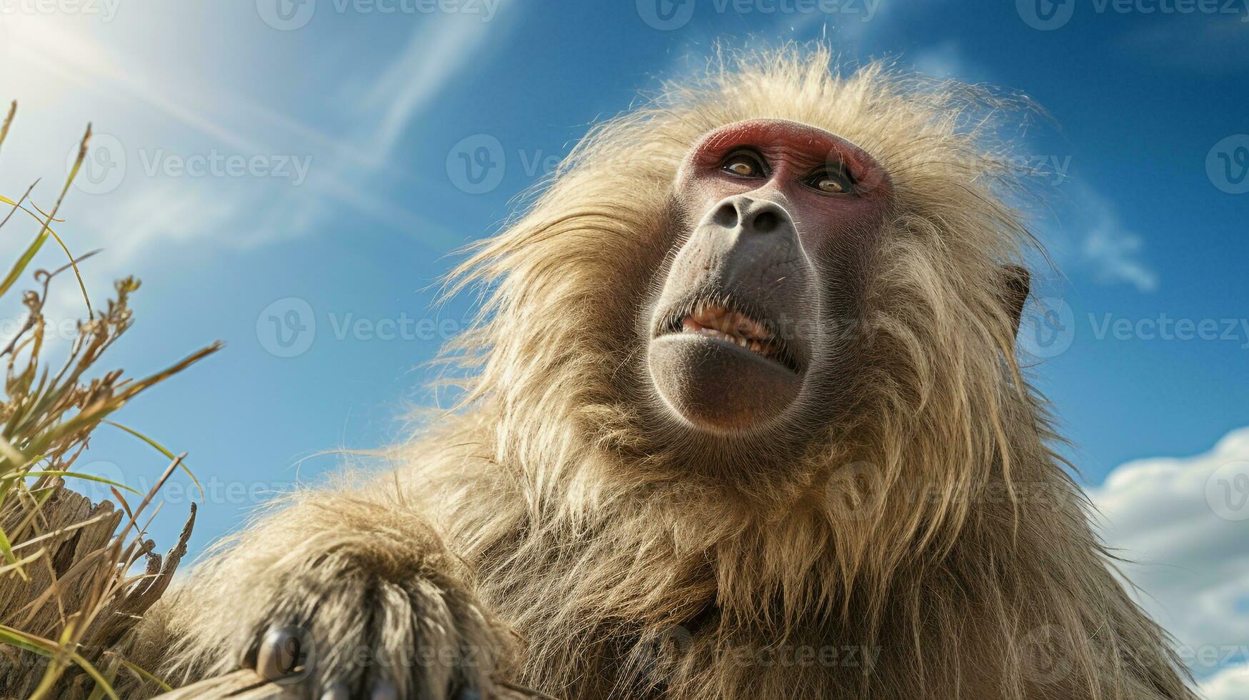 Photo of a Baboon under Blue Sky. Generative AI