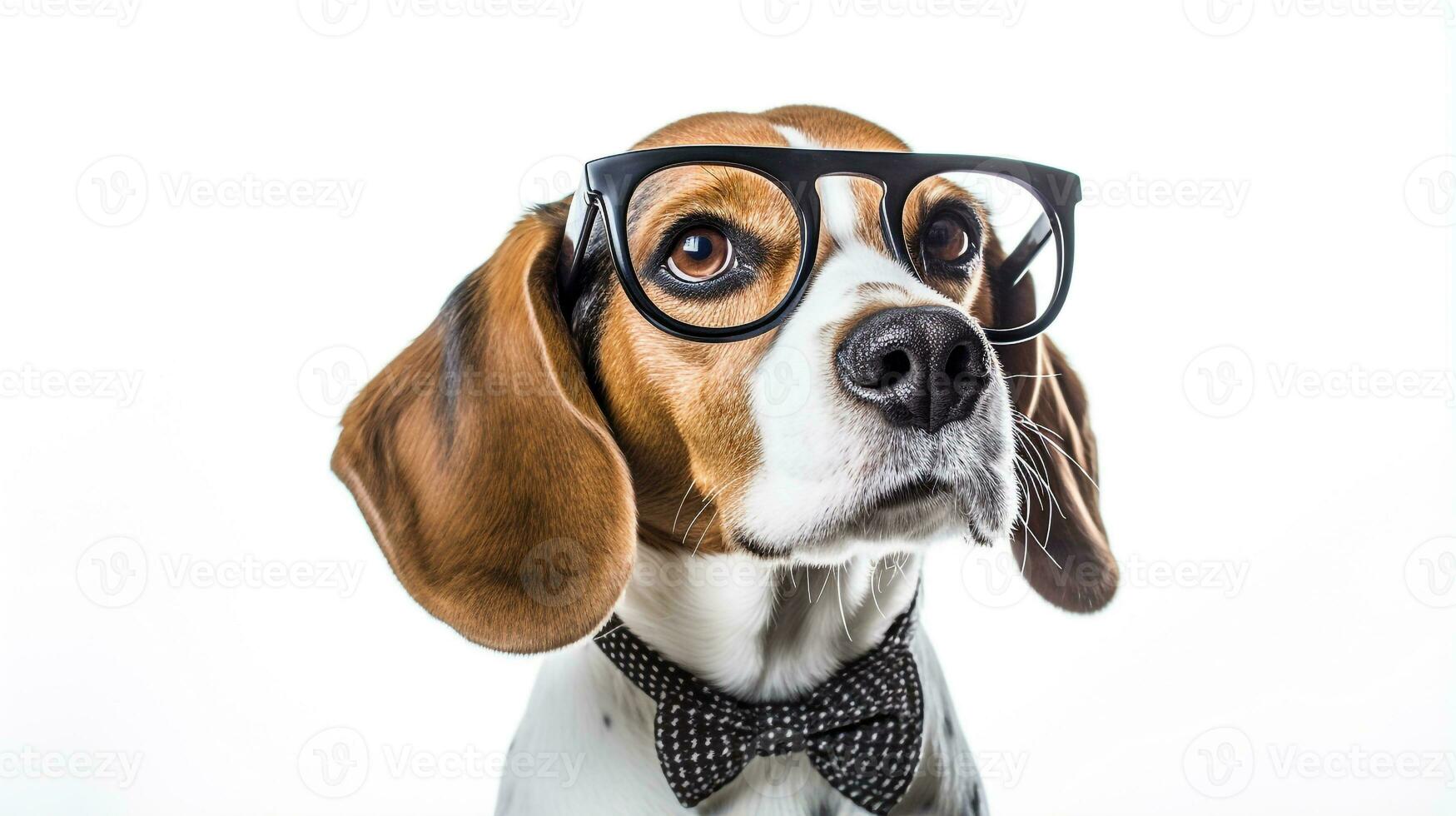 Photo of a Beagle dog using eyeglasses isolated on white background. Generative AI