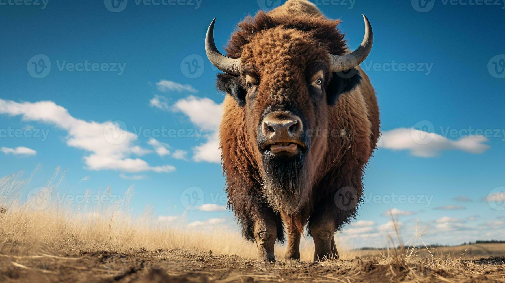 Photo of a Bison under Blue Sky. Generative AI