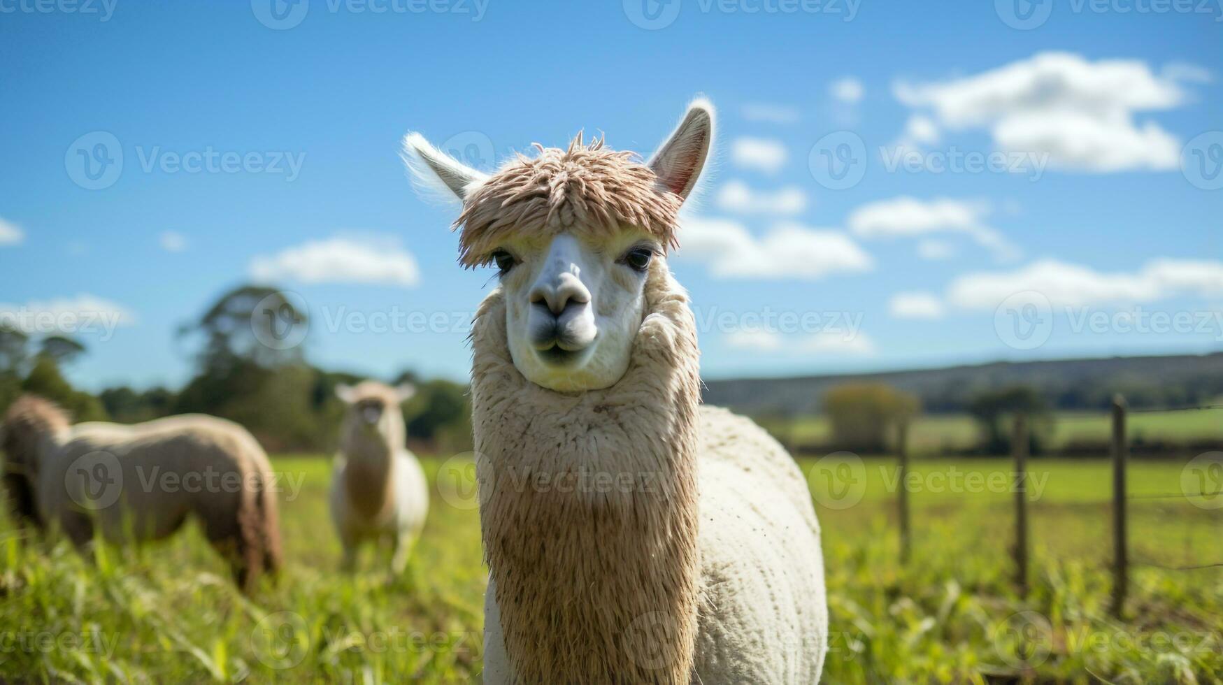 Photo of a Alpaca in the Farmland. Generative AI