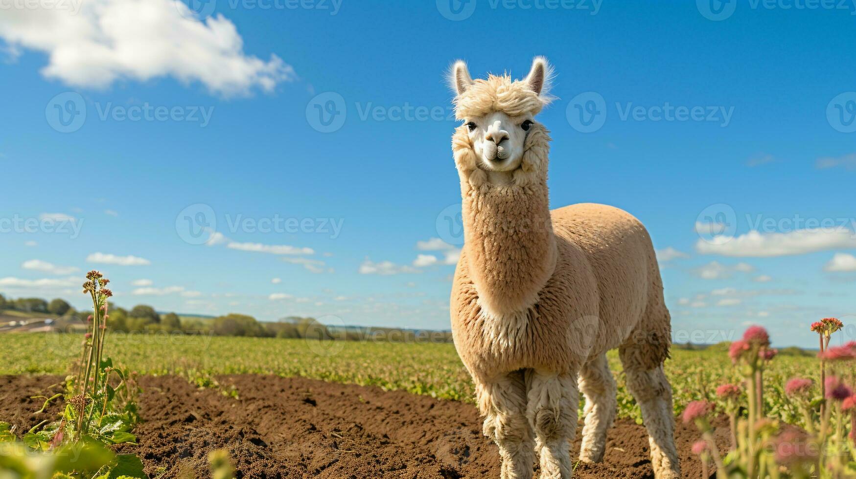 Photo of a Alpaca in the Farmland. Generative AI