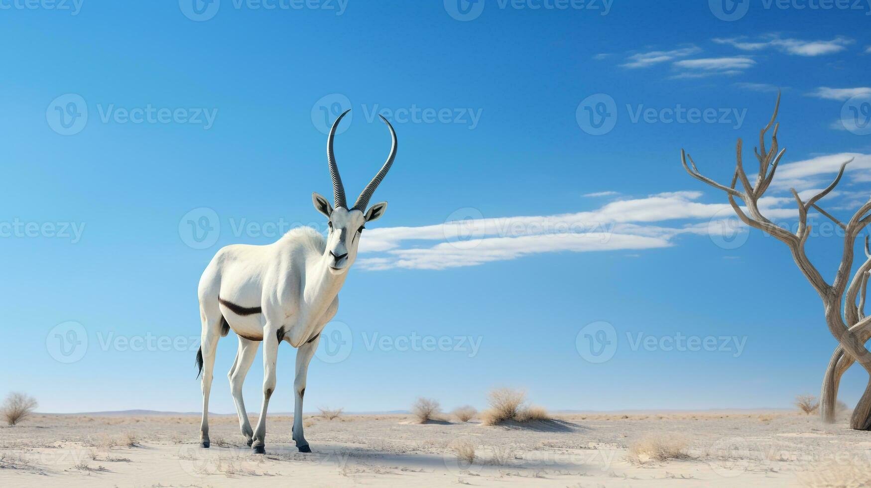 Photo of a Arabian Oryx in a Desert with blue sky. Generative AI