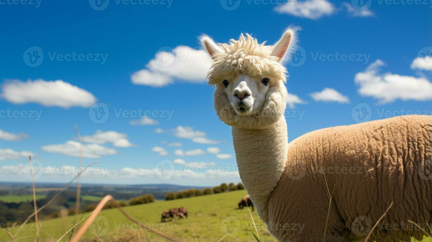 Photo of a Alpaca in the Farmland. Generative AI