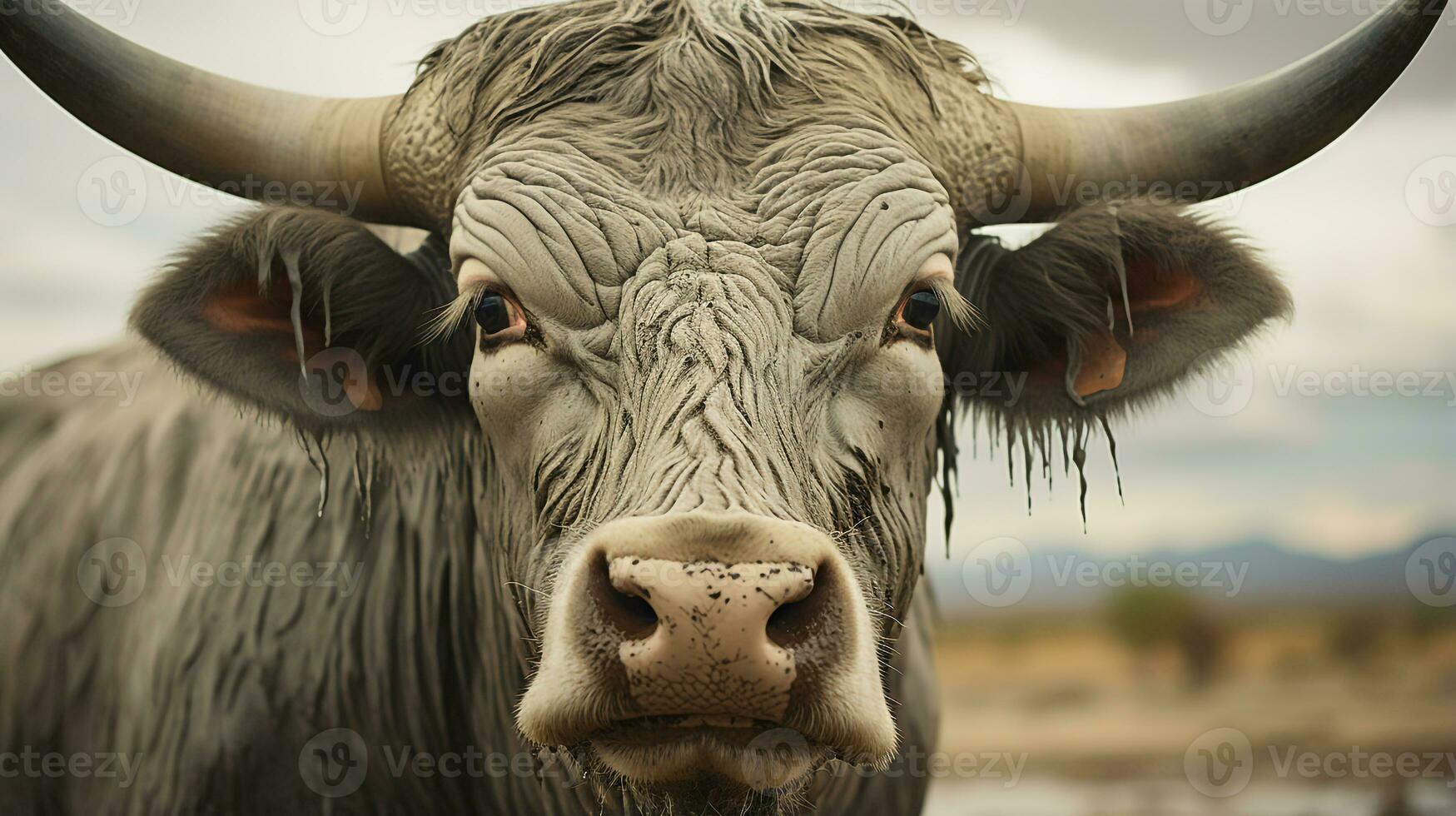 Close-up photo of a Zebu looking any direction. Generative AI