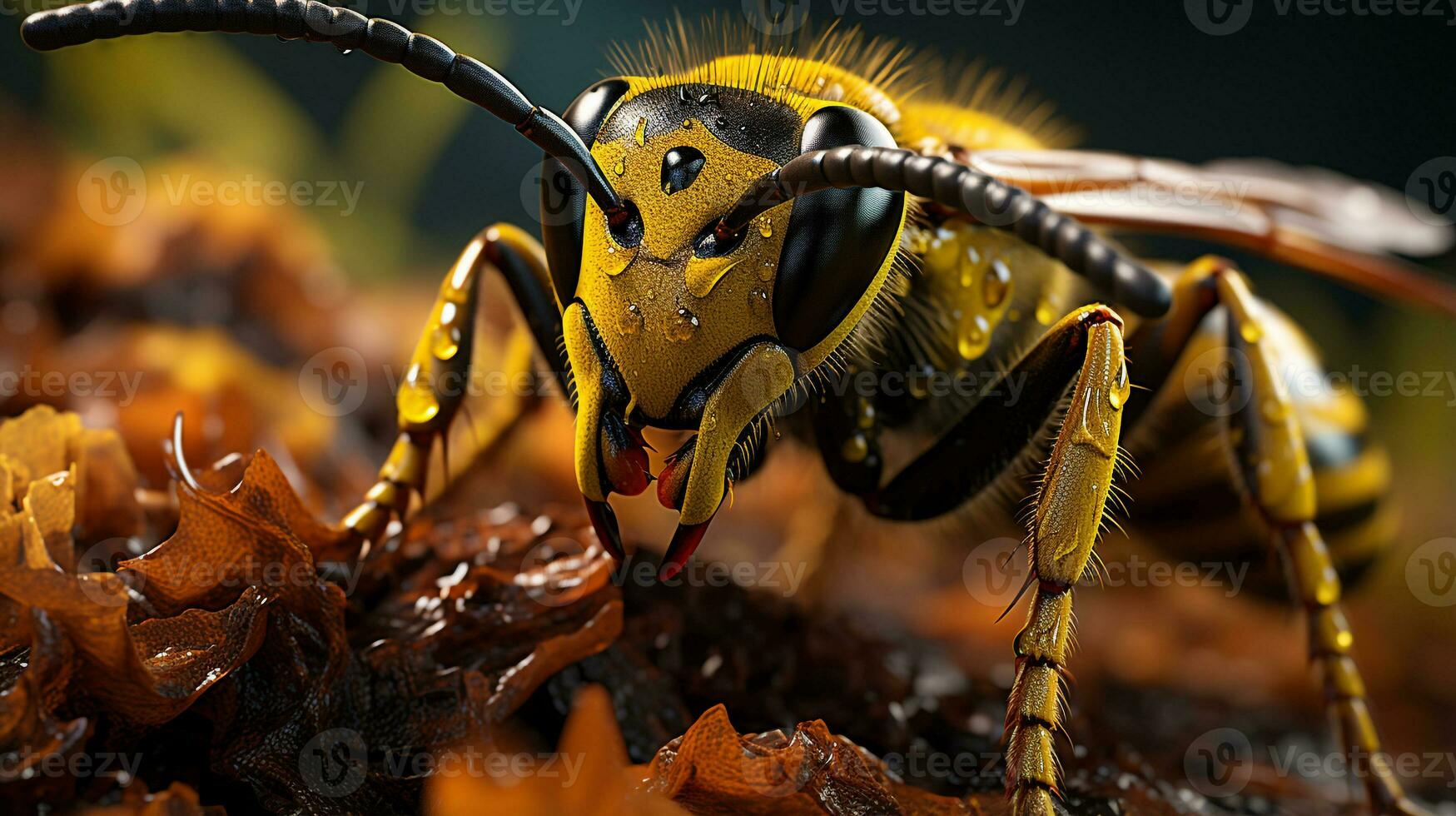 Close-up photo of a Yellow jacket wasp looking any direction. Generative AI