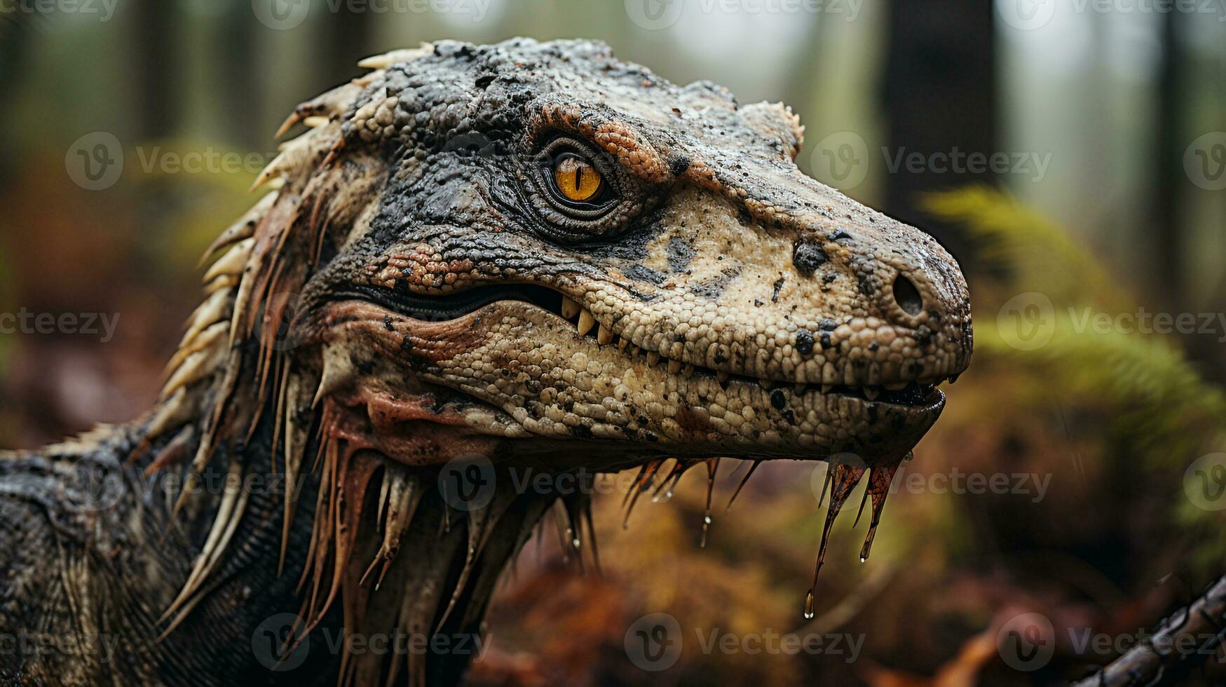 Close-up photo of a Velociraptor looking in their habitat. Generative AI