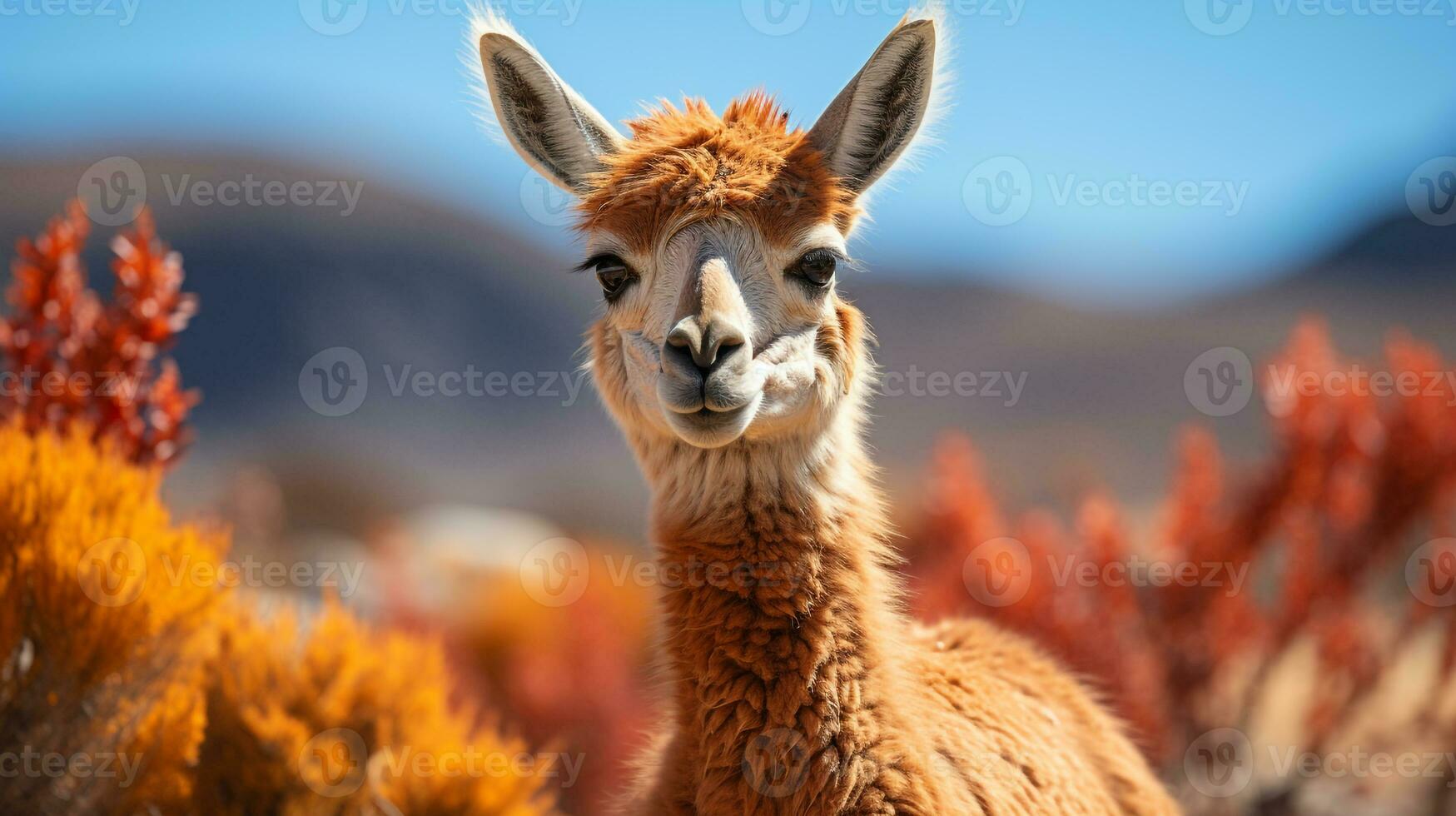 Close-up photo of a Vicuna looking any direction. Generative AI