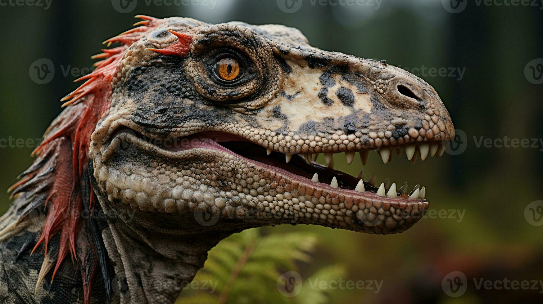 de cerca foto de un velociraptor mirando en su hábitat. generativo ai