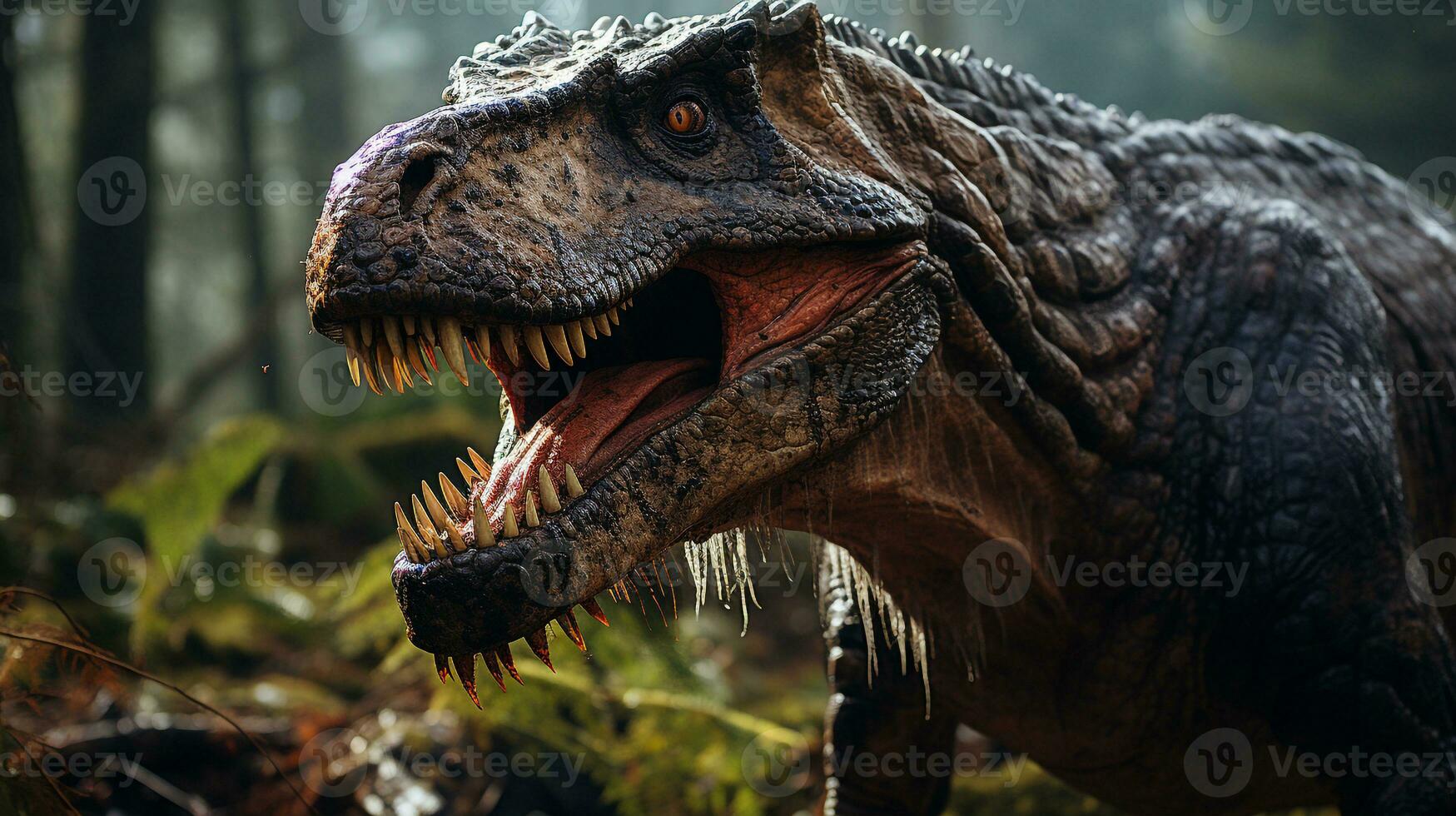 Close-up photo of a Tyrannosaurus Rex looking in their habitat. Generative AI