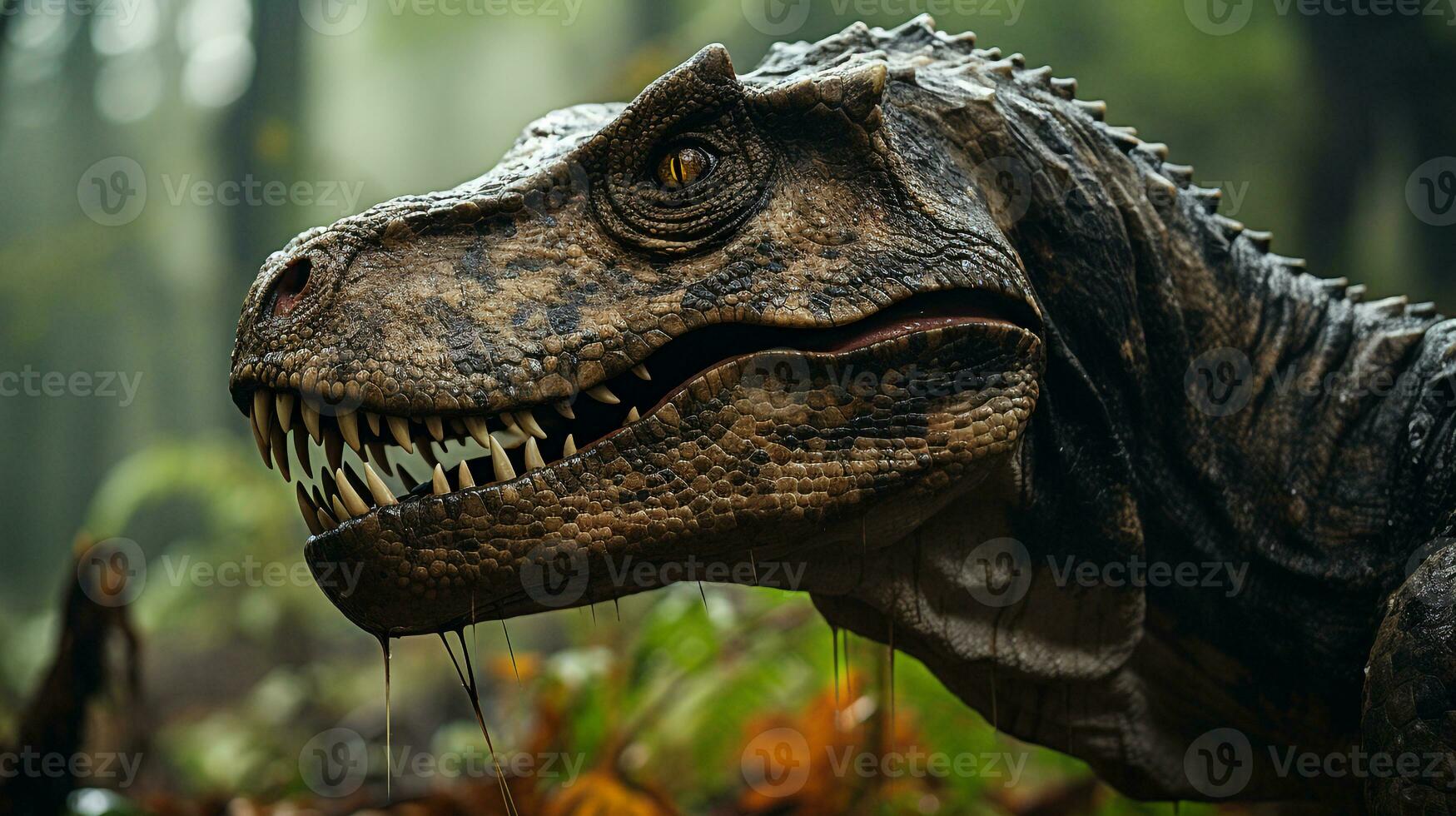 Close-up photo of a Tyrannosaurus Rex looking in their habitat. Generative AI