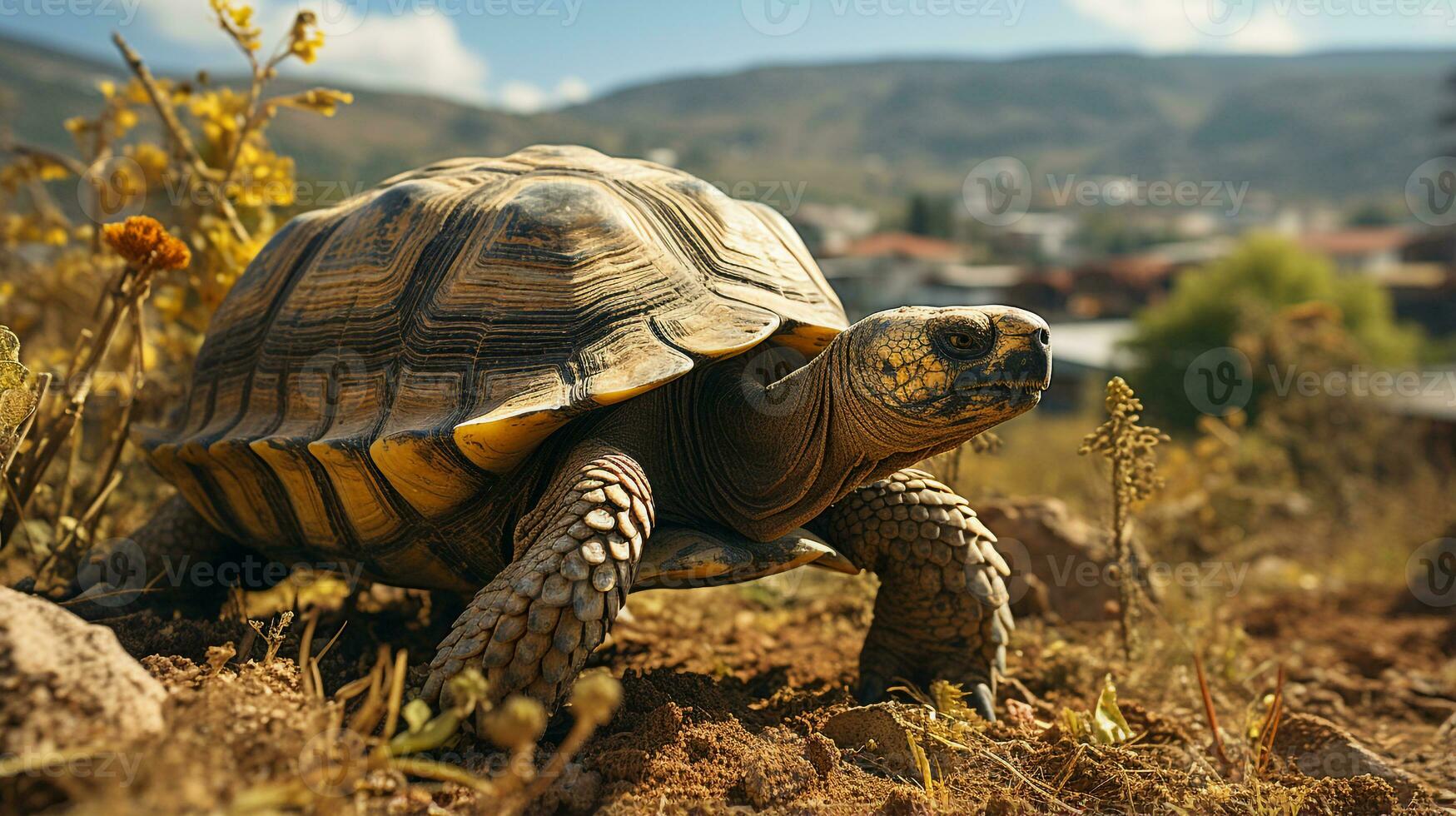 Close-up photo of a Tortoise looking in their habitat. Generative AI