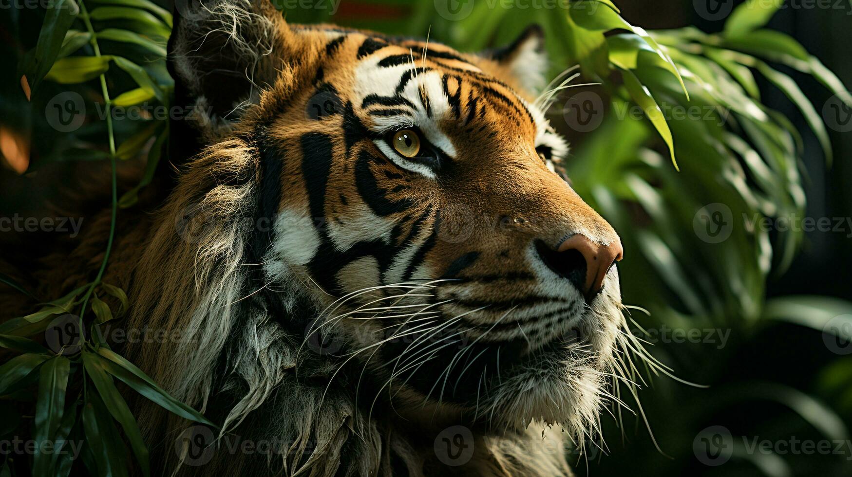 Close-up photo of a Tiger looking any direction on jungle. Generative AI