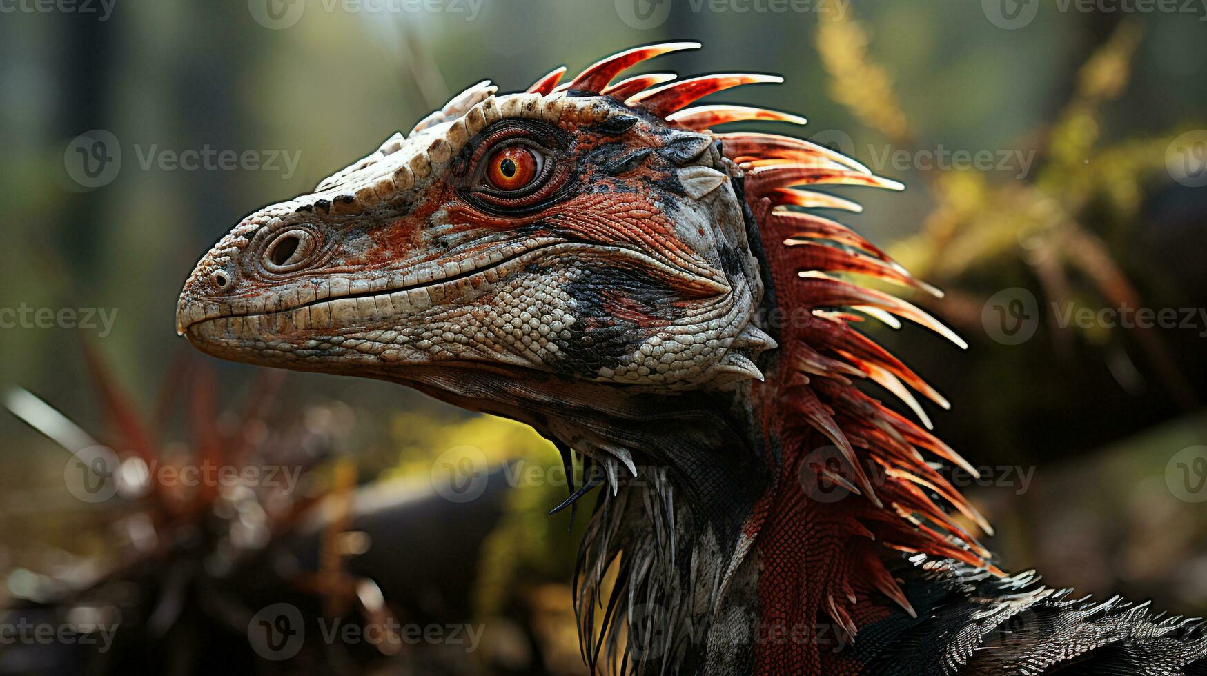 Close-up photo of a Spinosaurus looking in their habitat. Generative AI