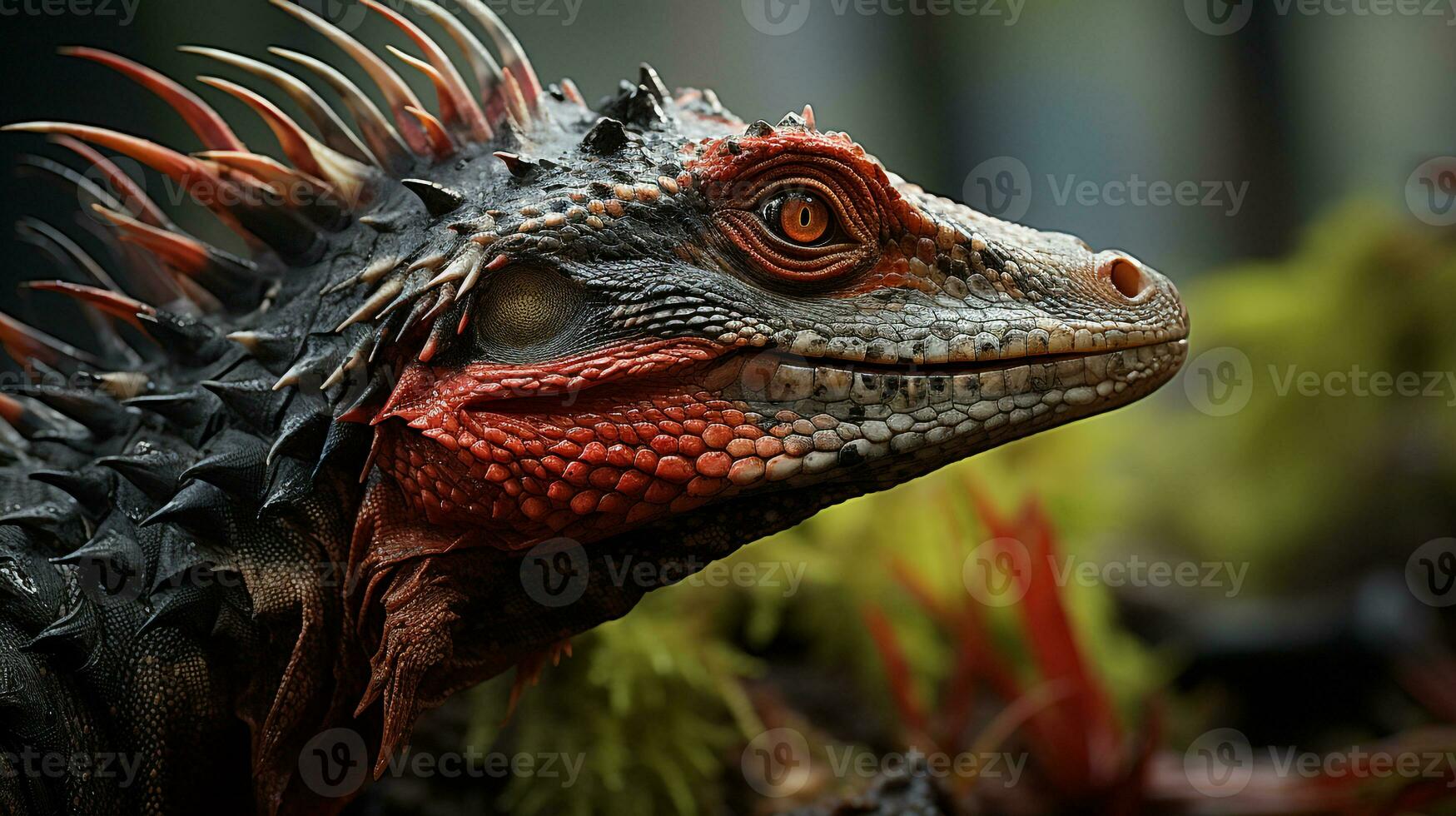Close-up photo of a Spinosaurus looking in their habitat. Generative AI