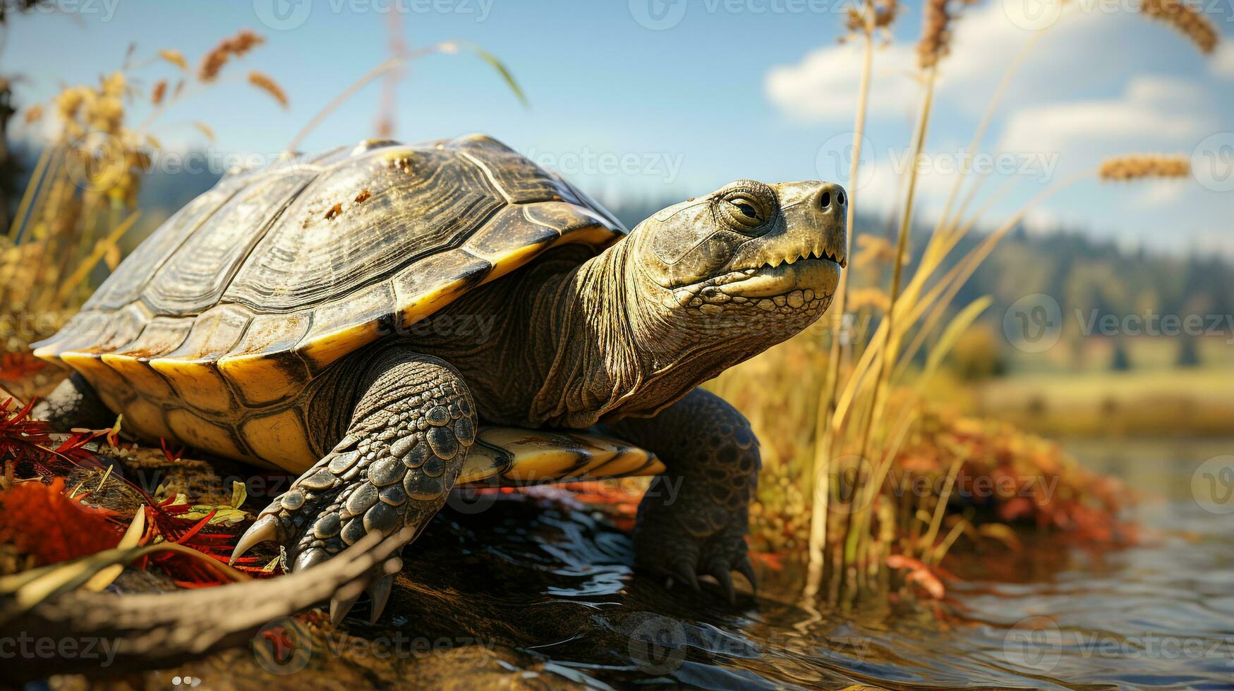 Close-up photo of a Snapping Turtle looking in their habitat. Generative AI