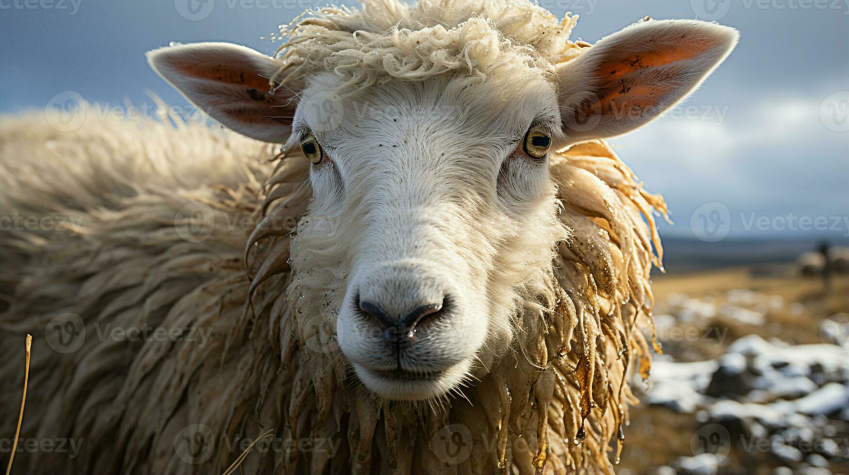 Close-up photo of a Sheep looking any direction. Generative AI