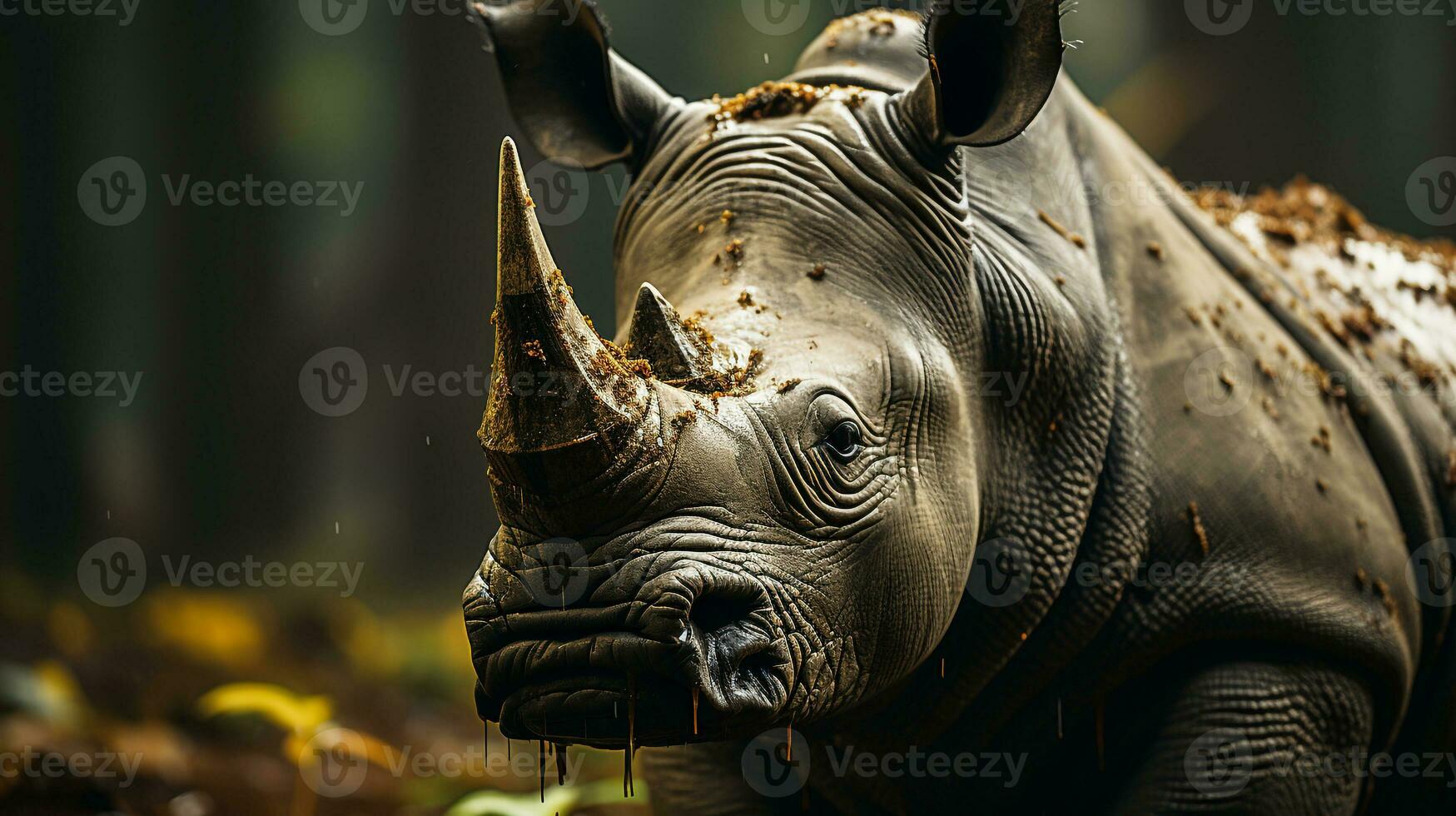 Close-up photo of a Rhinoceros looking any direction on jungle. Generative AI