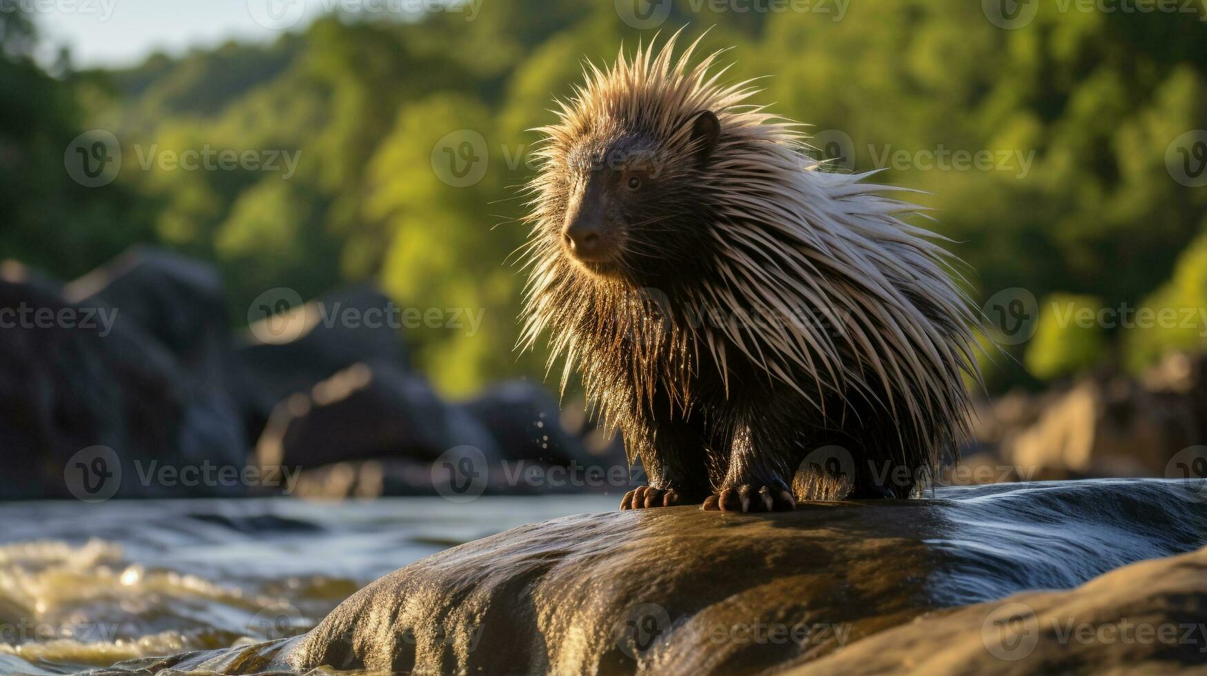 Close-up photo of a Porcupine looking in their habitat. Generative AI