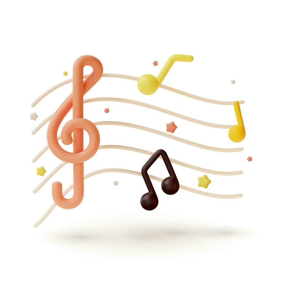 3d Musical Staff and Different Music Notes Symbols Cartoon Style. Vector