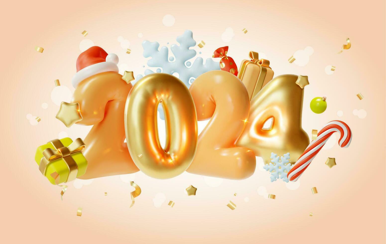 3d Happy New Year 2024 Concept Background Golden Metal Number Cartoon Style. Vector