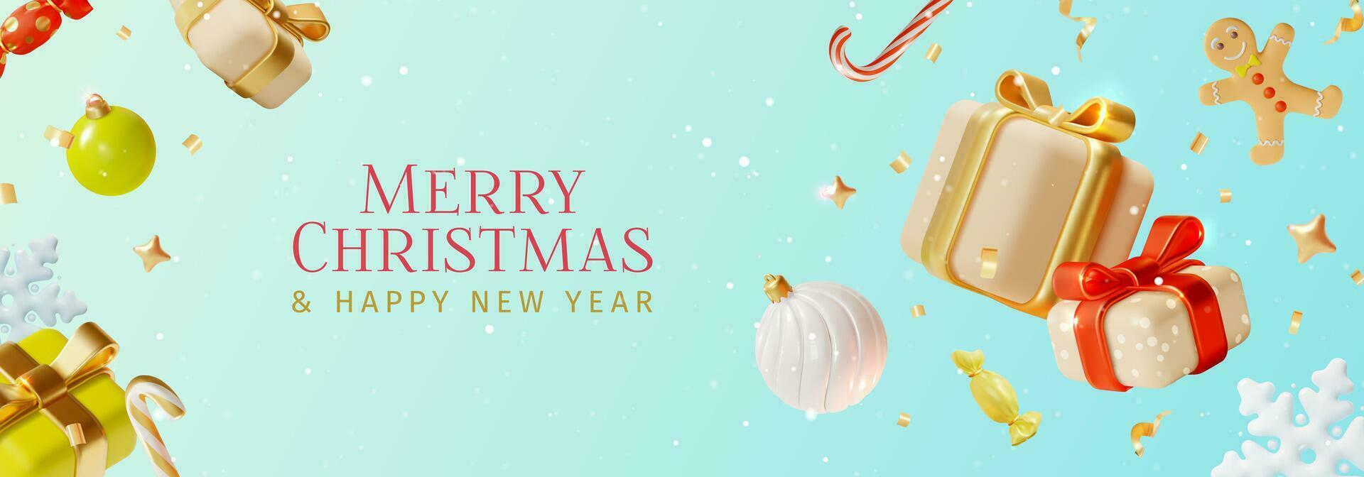 3d Merry Christmas and Happy New Year Placard Poster Banner Card Template Cartoon Style. Vector